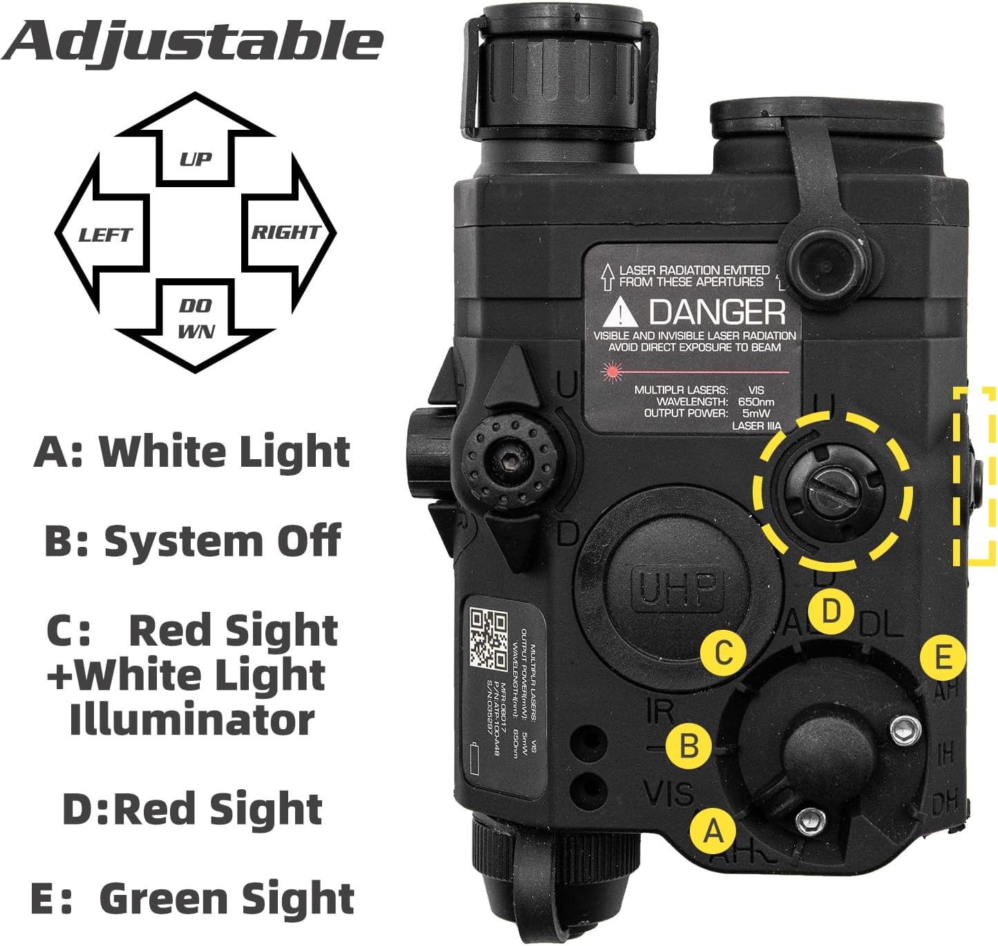 Zhongren Airsoft Tactical 3 in 1 PEQ 15 IR Laser White LED Flashlight + Red/Green Laser Sight for AEG GBB CQB for Outdoor Paintball Hunting