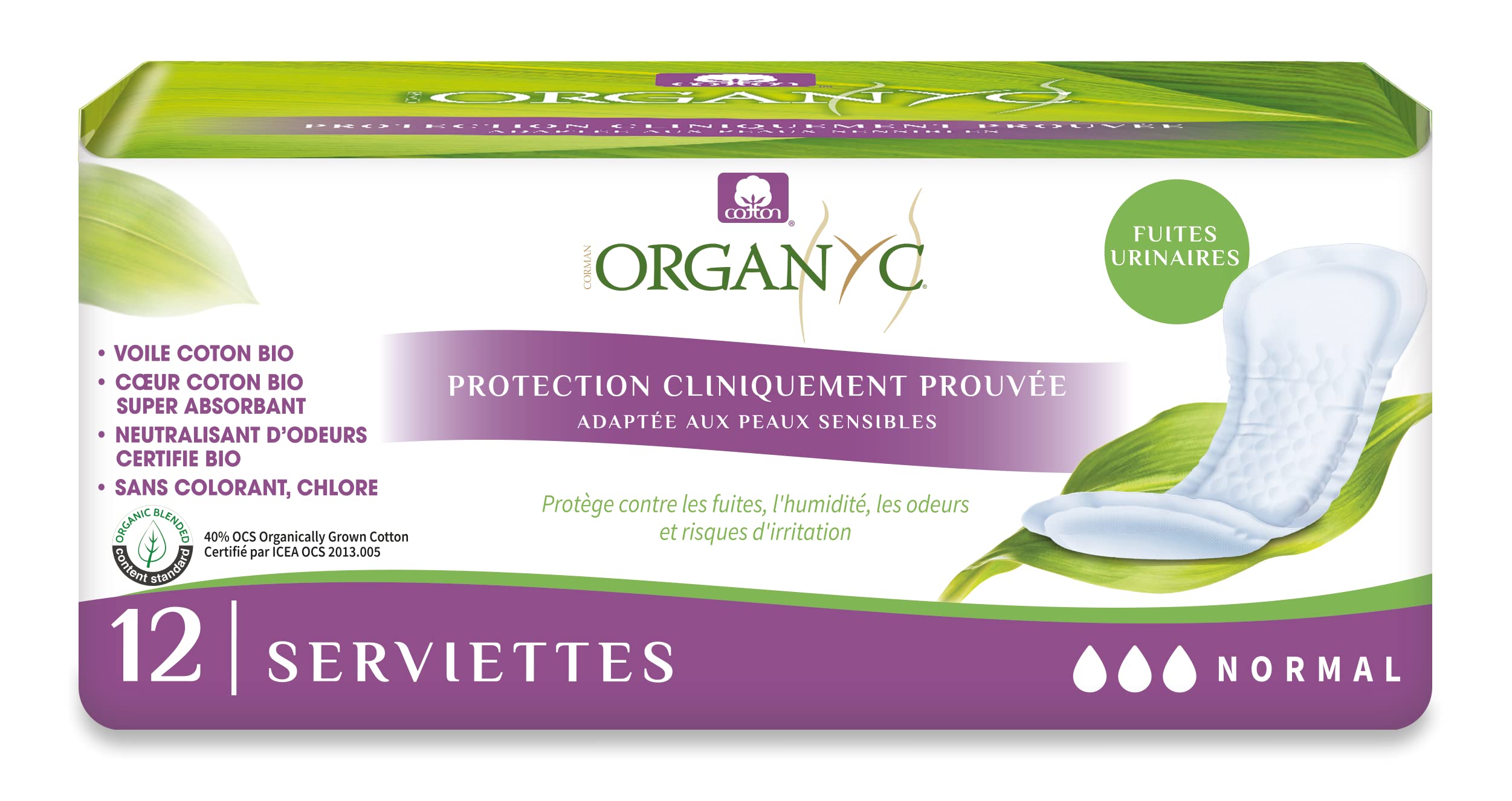 Organyc - Serviettes Normal pour fuites urinaires, en coton certifié, ne contiennent ni parfums ni plastique, ni matériaux chimiques - 1 paquet de 12 Serviettes, Flux modéré