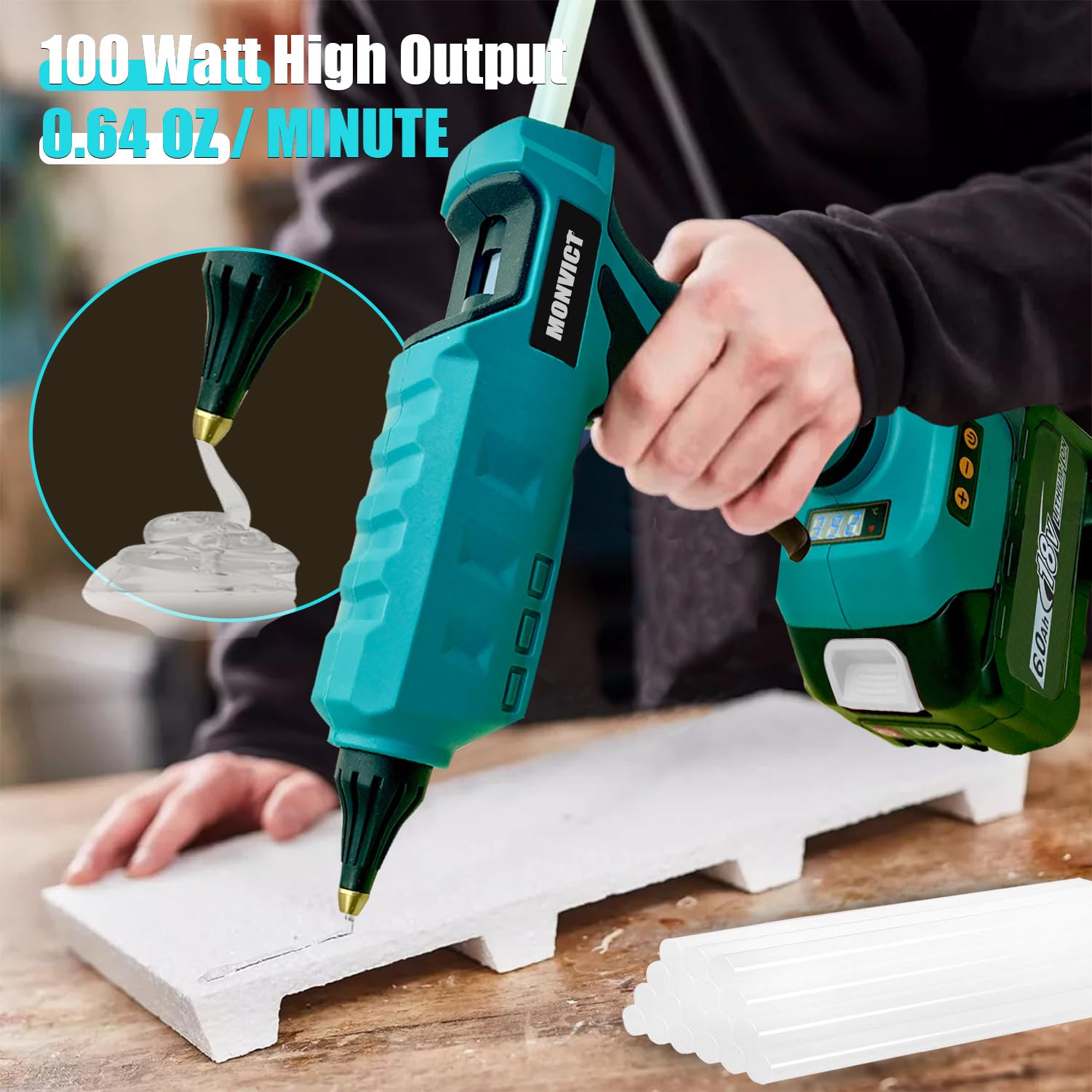 MONVICT Pistolet à colle sans fil pour batterie Makita 18 V, 100 W, température réglable, puissance électrique, pistolet à colle chaude robuste avec 10 bâtons de colle (outils uniquement)