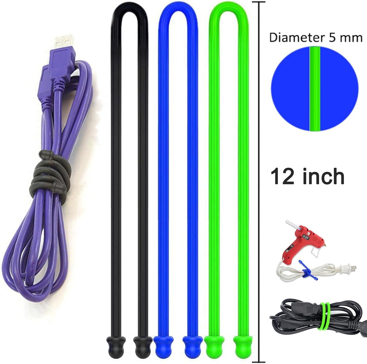6Pcs 12-Inch Silicone Cable Tie, Steel-Core Twist Ties, Reusable Rubber Straps for Organizing, Dia 5mm