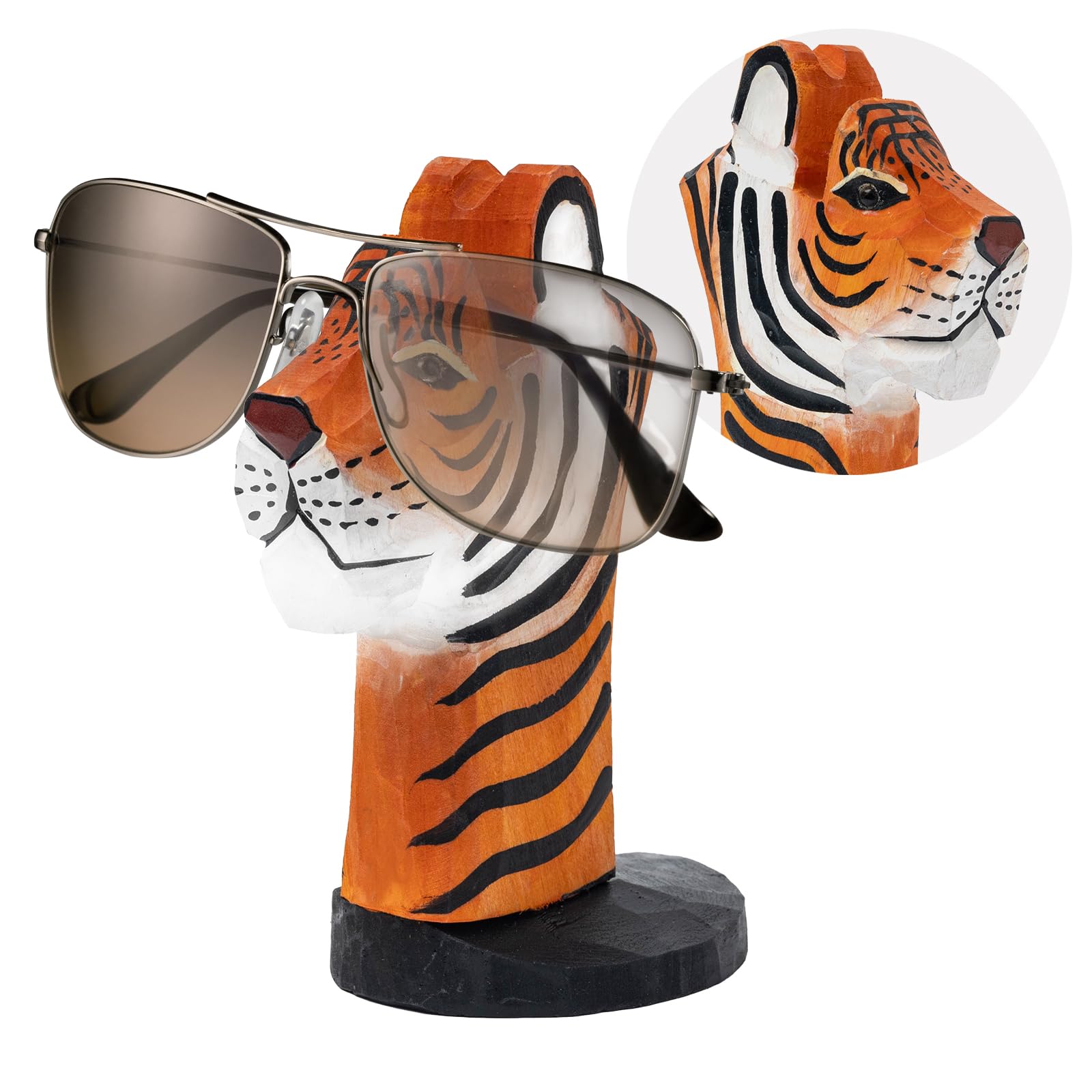 JIANGCHENG Handmade Wood Carving Eyeglasses Spectacle Holder Stand Sunglasses Display Rack Home Office Desk Décor Gift (Tiger)