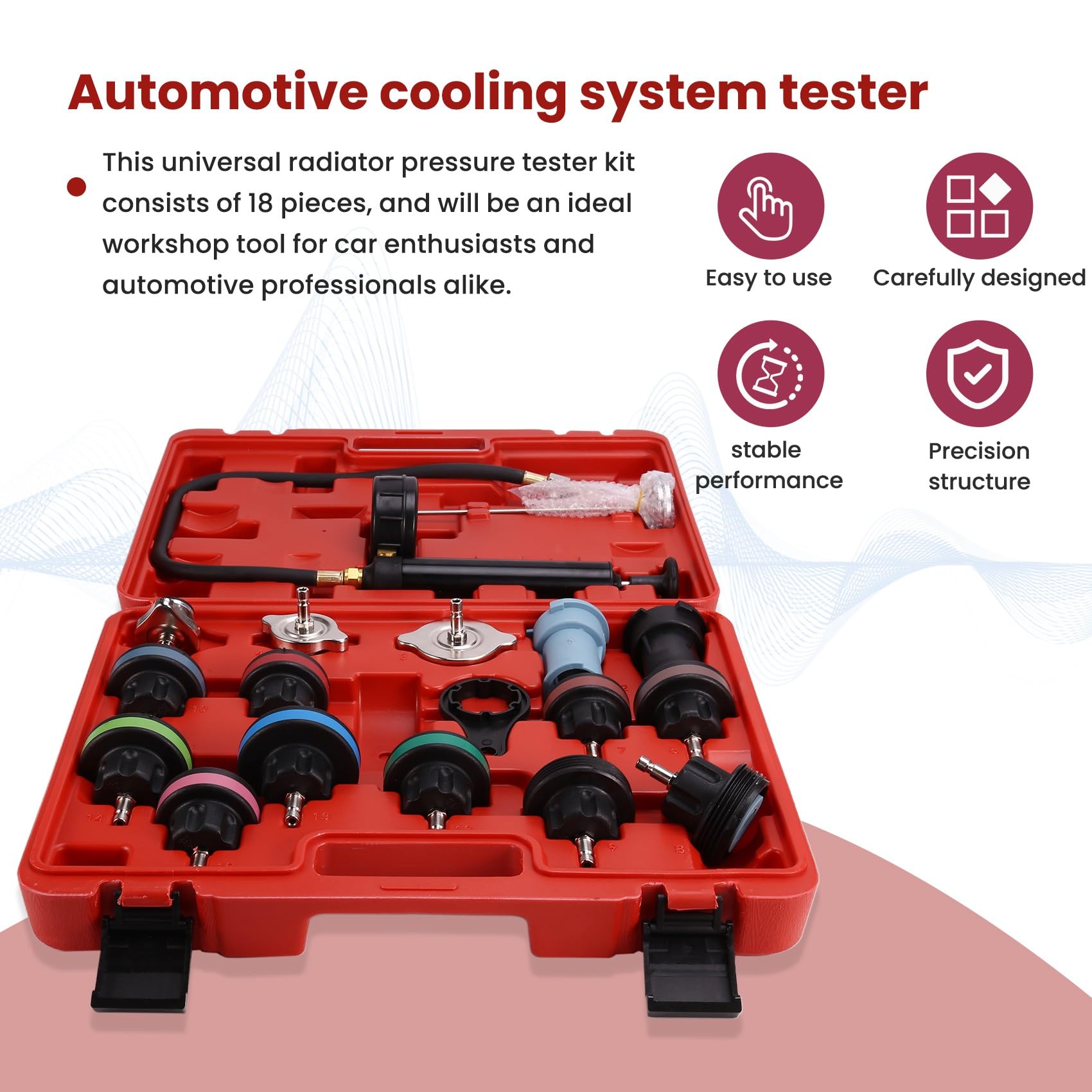 Kit Testeur Pression Radiateur Universel 18 Pièces, Kit Testeur Pression Liquide Refroidissement, Kit Recharge Vide Liquide Refroidissement pour Système Refroidissement