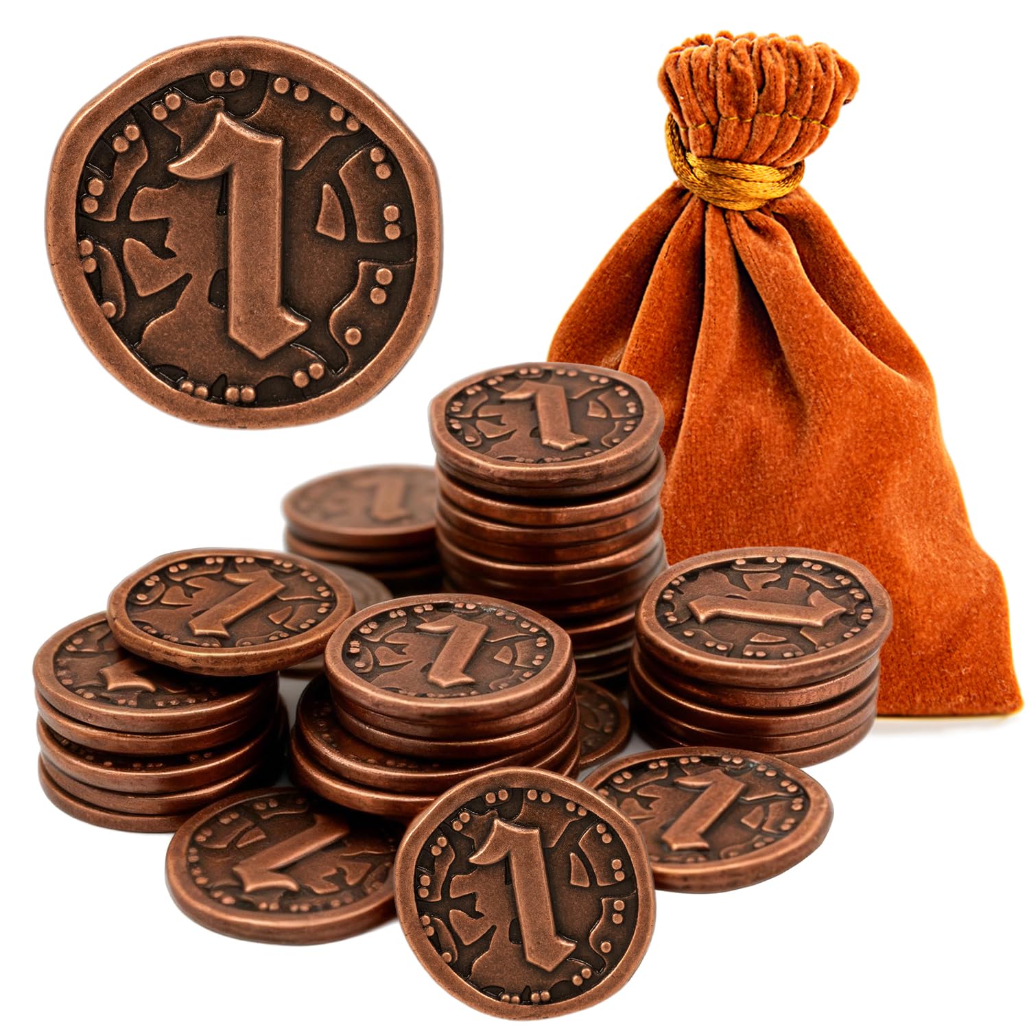 v2croft 30 PCS Metal Coins for Board Games, Antique Copper Tokens with Face Value for DND, Tabletop RPG, Pirate Party & Game Night — image 1