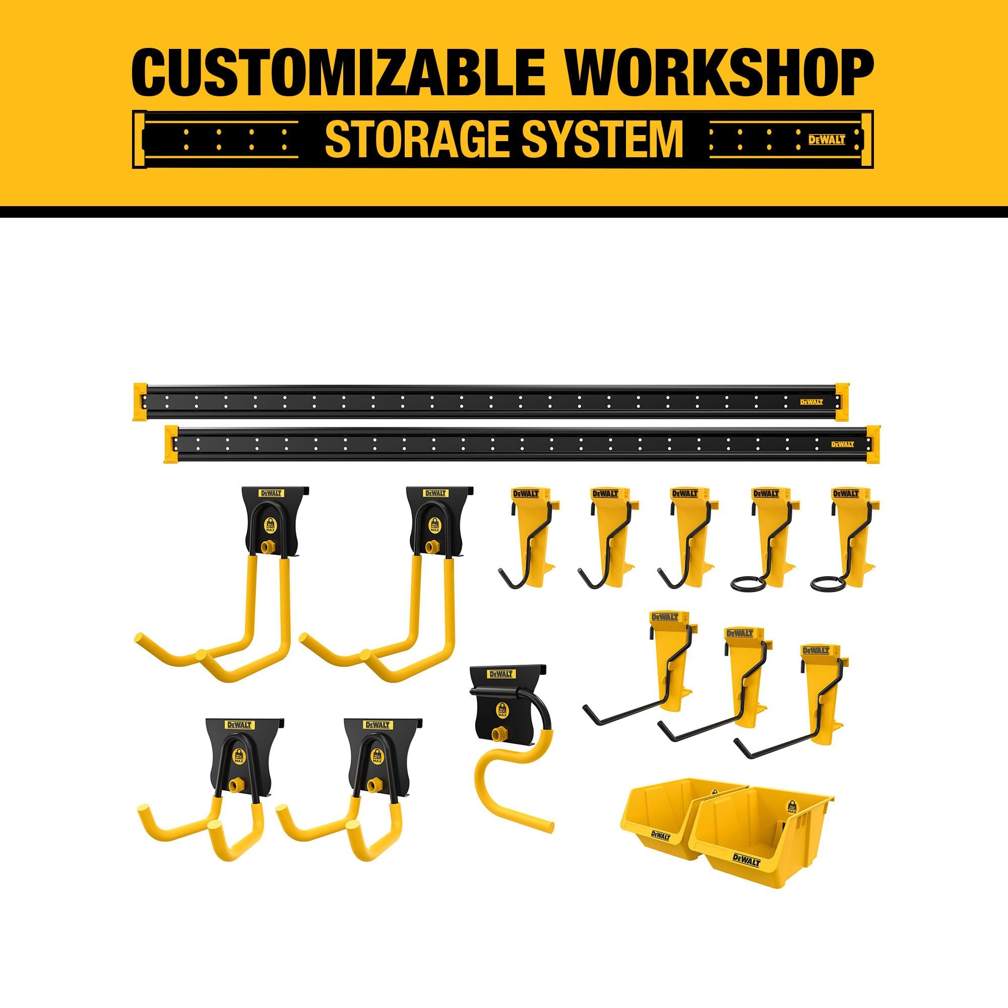 DEWALT Tool Organizer, 21 Piece Accessory Starter Kit, Includes 2 Metal Rails, 13 Hooks, and 2 Plastic Bins, DEWALT Workshop Storage System Compatible (DWST82801)
