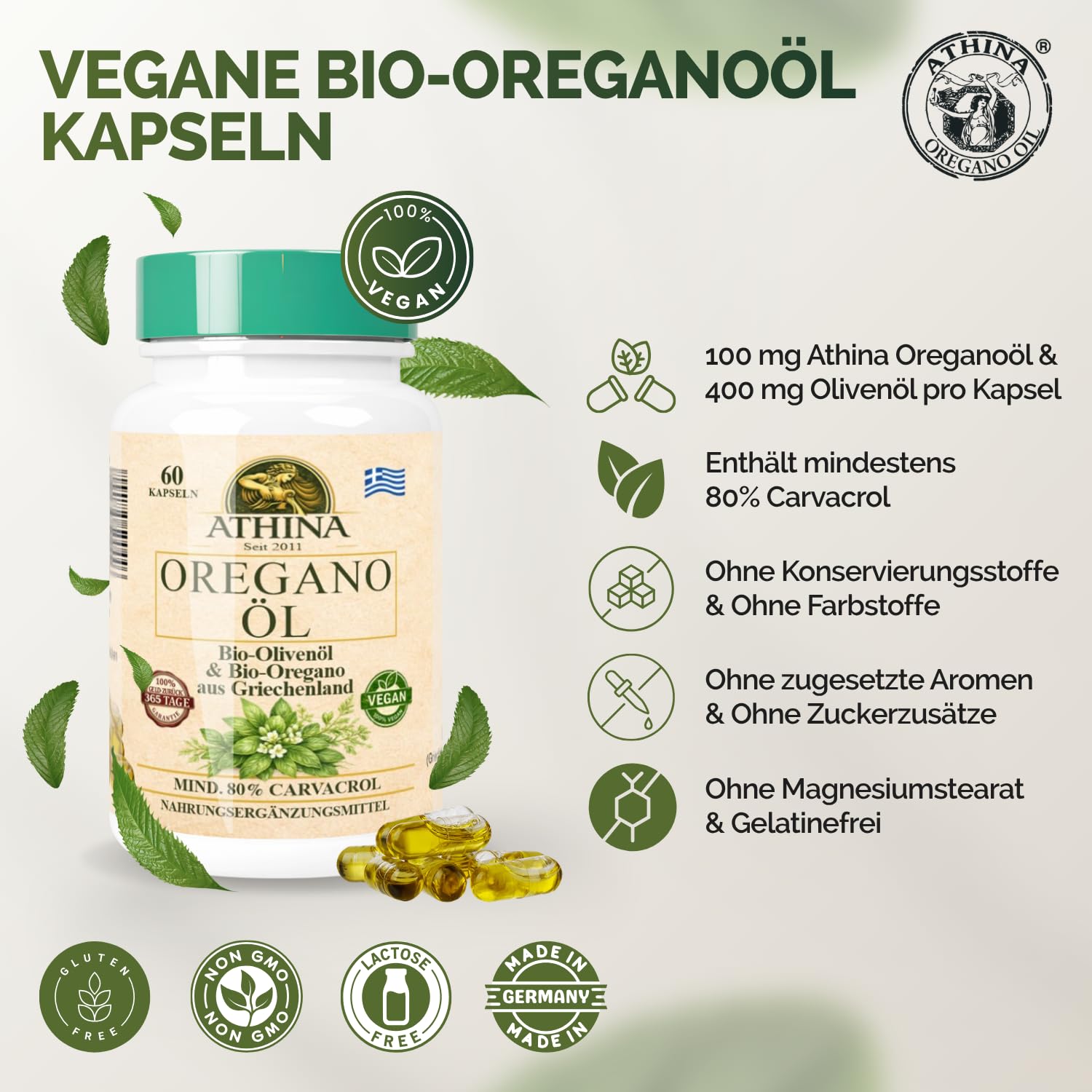 Athina® Oregano Öl Vegan Bio 1 x 60 Kapseln I 100 mg Athina® Wildes Berg Oregano Öl I Origanum vulgare hirtum aus Griechenland I 80% Carvacrol I Reine & natürliche Zutaten