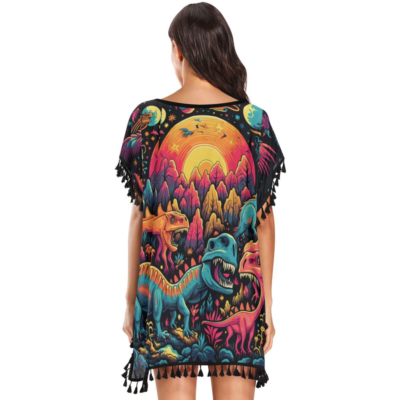 KAAVIYO Colorful Angry Dinosaurs Women's Beach Cover Up Chiffon Tassel Swimwear Swimsuit Coverups for Girl