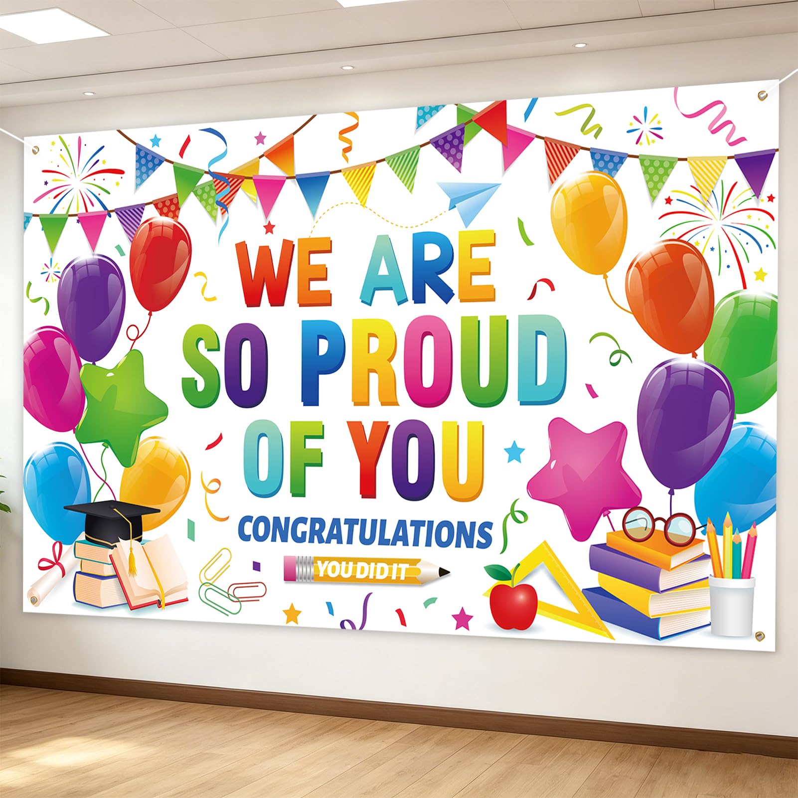 Qpout We are so Proud of You Banner,185×110cm Congratulations You Did It Backdrop for Nursery Preschool Graduation Party Supplies Decorations Reusable Celebration Background
