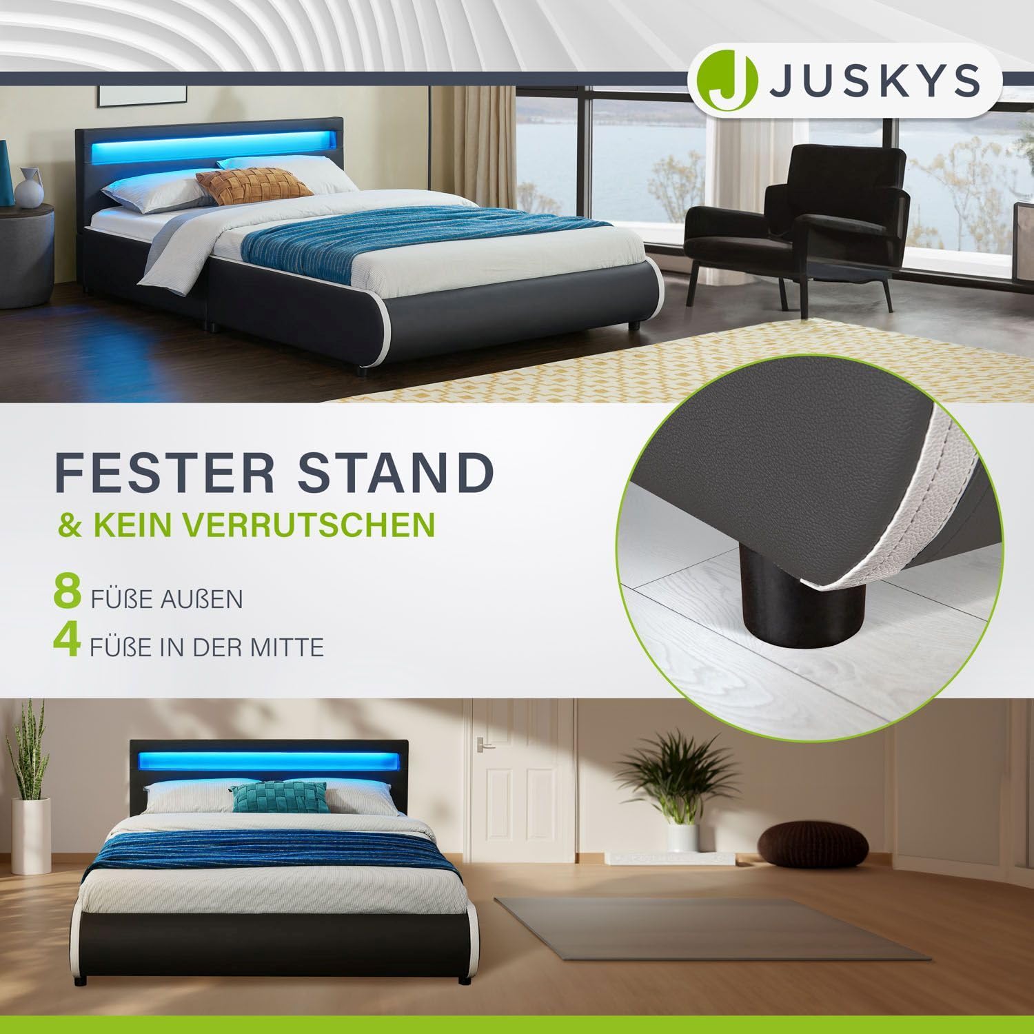 Juskys Polsterbett Sevilla 140x200 cm mit Matratze, LED Beleuchtung, Lattenrost & Kopfteil - Holz & Kunstleder - 16 Farbeinstellungen & Fernbedienung - Bett Jugendbett Einzelbett - Schwarz