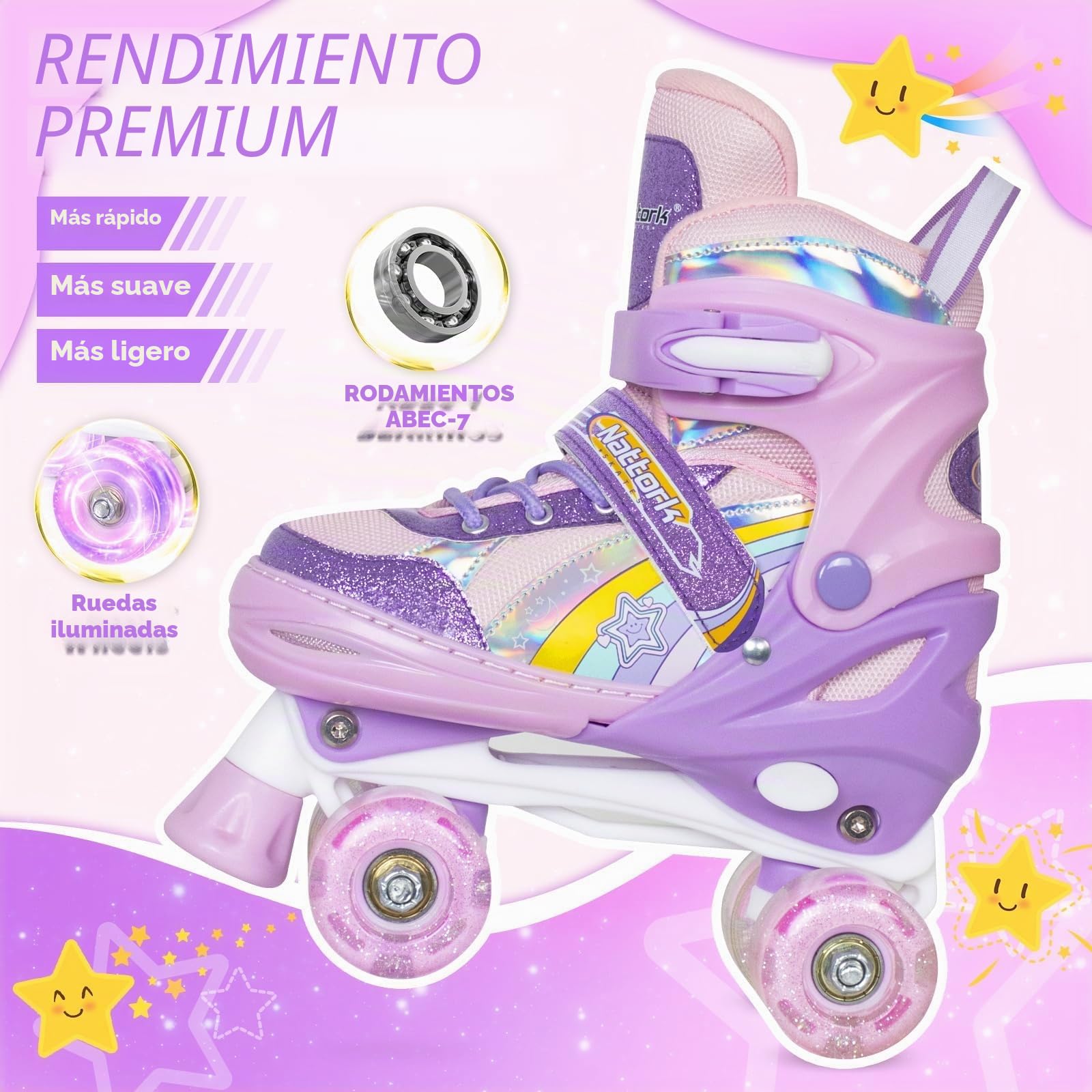 Nattork Patines de ruedas para niñas, 4 posiciones, ajustables, arco iris, el mejor regalo de cumpleaños para deportes al aire libre