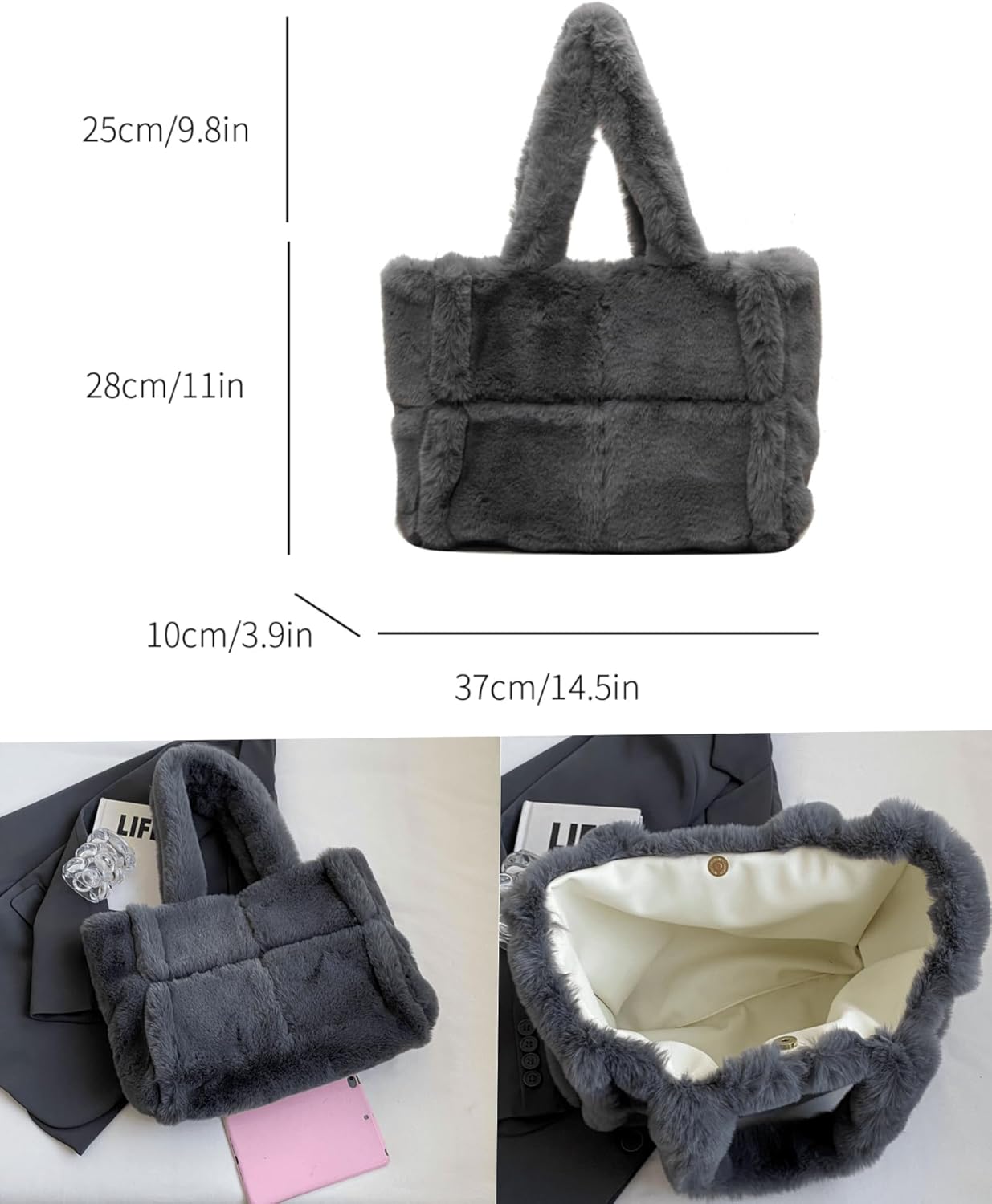 Soft Faux Fur Large Shoulder Tote Bag for Women Plush Handbag and Purse Furry Top Handle Bag