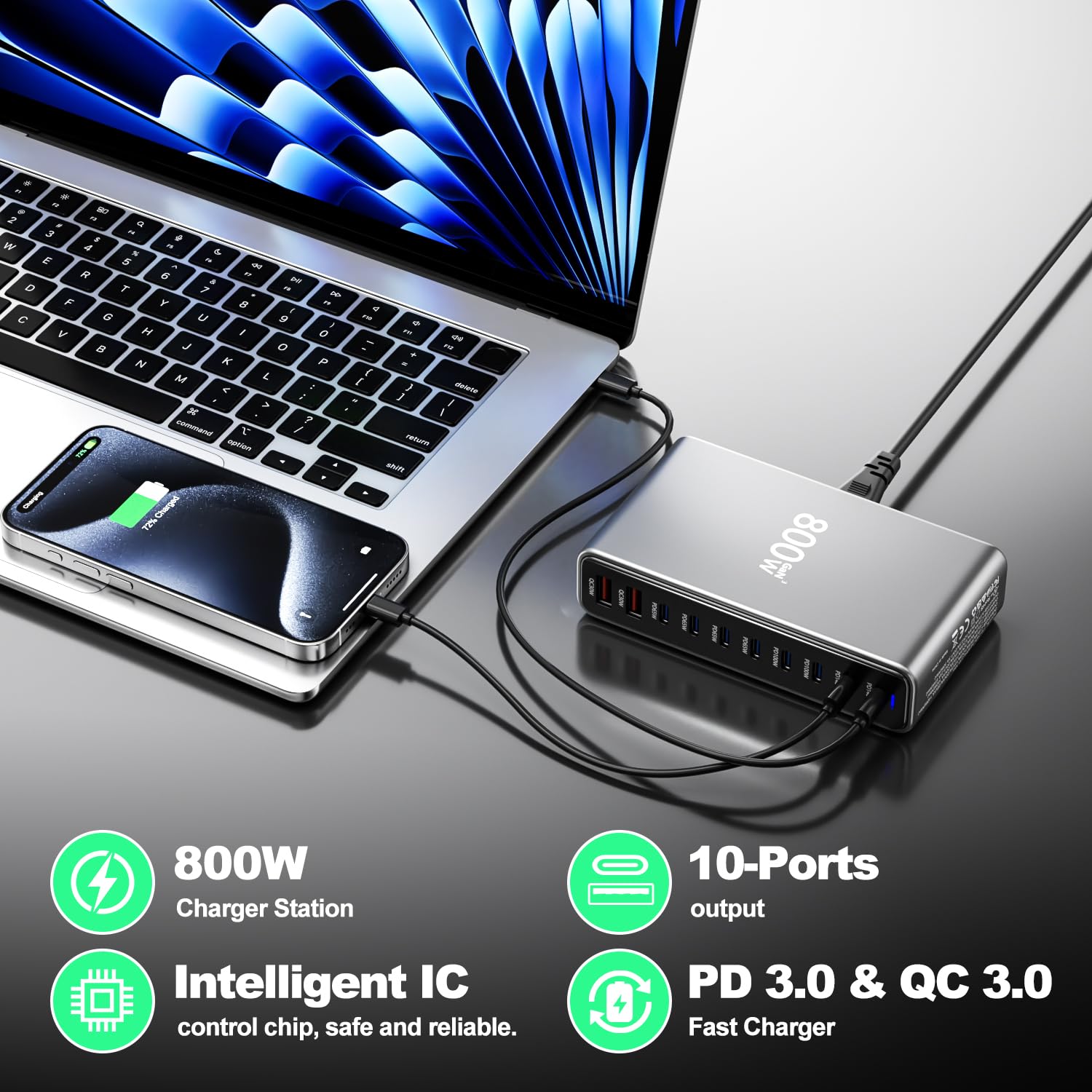 Ładowarka USB C 800W GaN, 10 portów ładowarka USB wielokrotna ładowarka ładowarka do laptopa zasilacz PD kompatybilny z MacBook Pro/Air/Dell/iPhone/Galaxy/laptopem/tabletem/Mobile