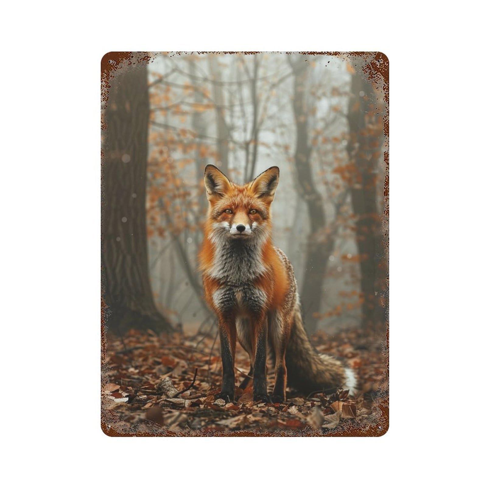 Autumn Fox in Forest-3 15.7"x11.8" Weathered Tin Sign, Shabby Chic Decor for Farmhouse, Kitchen And Entryway Decor