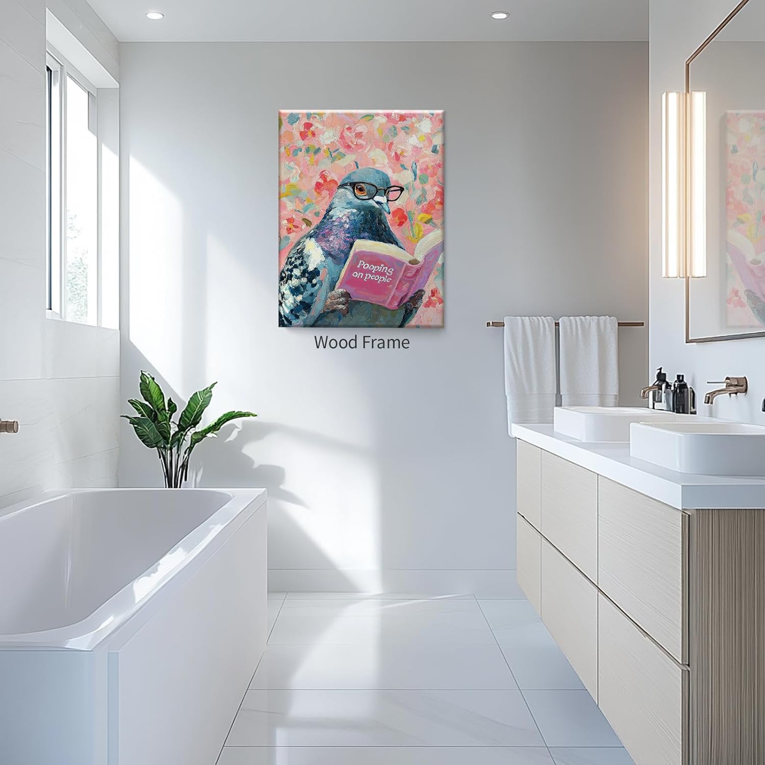 Funny Bathroom Animal Wall Art Pigeon Pooping on People Book Prints Humorous Bird Reading Posters Trendy Bathroom Sign Picture 16x24inch Framed for Bedroom Dorm Toilet Decor