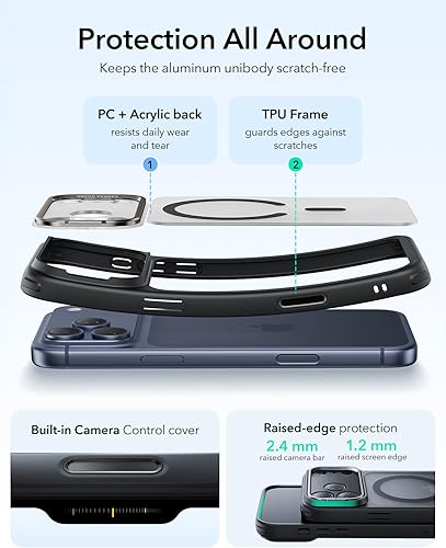 Vista 502 de ESR - Funda para iPhone 15 compatible con MagSafe, funda protectora de grado militar con soporte integrado, cubierta trasera resistente a