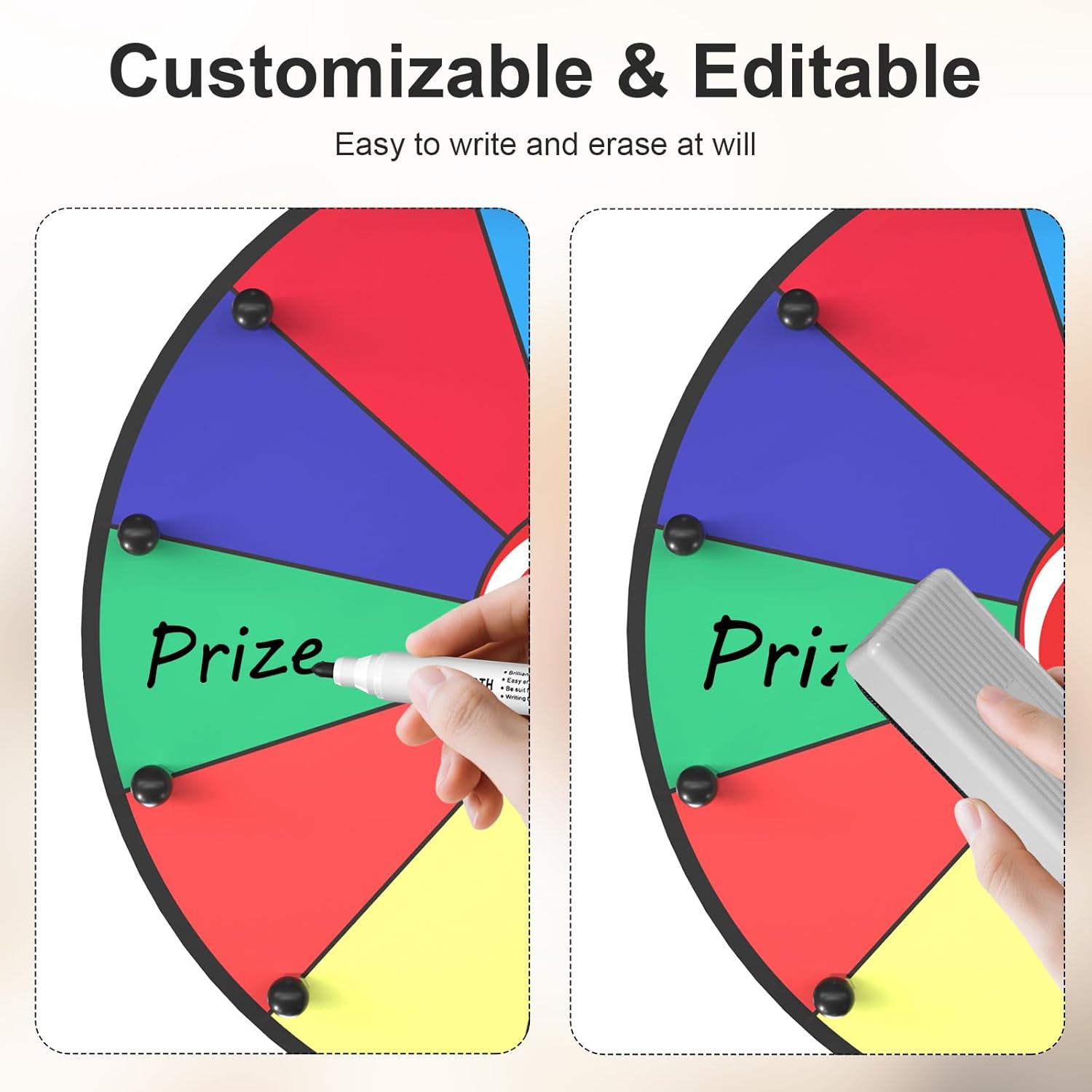 12 Inch Prize Wheel, 12 Slots Color Spinning Wheel with Diamond Base, Heavy Duty Tabletop Spinner Wheel Includes Dry Erase Marker & Eraser for Parties, Rewards & Classroom Activities