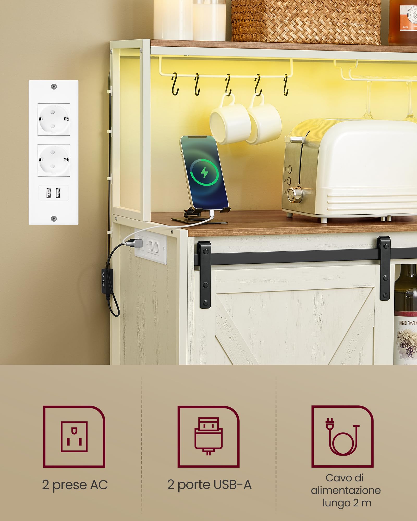 VASAGLE Mobile Bar da Caffè con Multipresa, LED a Comando Vocale, Credenza con Anta Scorrevole, Ganci a S, Portacalici da Vino, Portabottiglie, Bianco Rustico e Marrone Miele LSC201WJ02