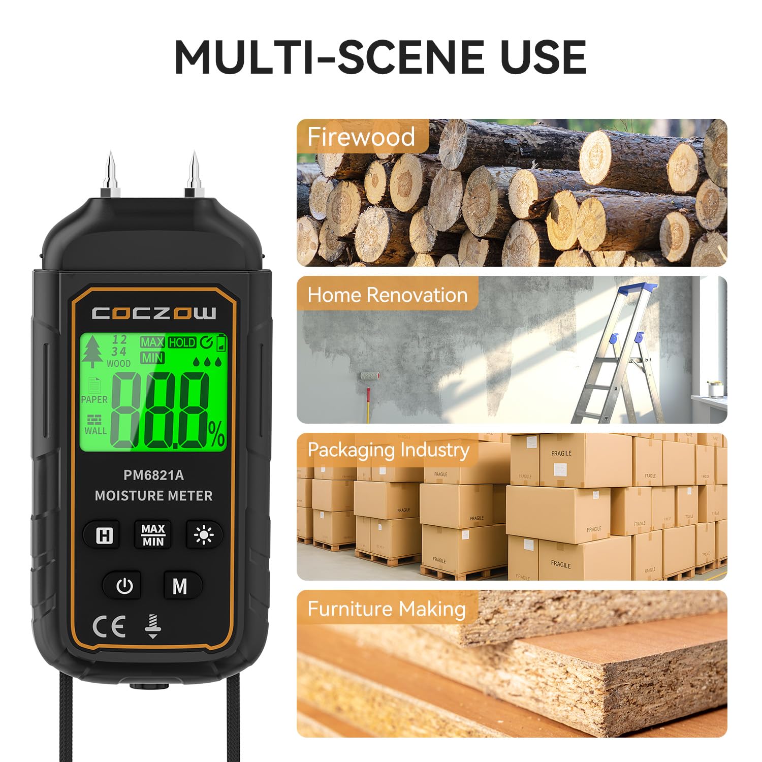 Humidimètre à broche pour bois, plancher, murs, papier et carton | LCD rétroéclairé couleur, stockage de données, max/min, mise hors tension automatique