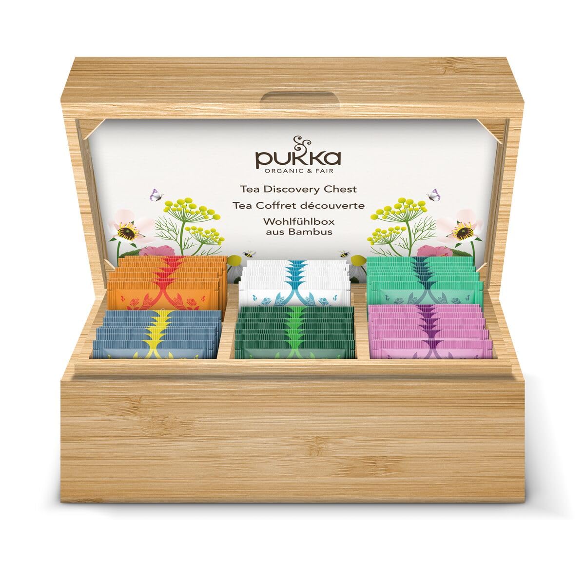 Pukka Coffret Découverte en Bambou, Idée Cadeau Femme et Homme, Coffret Cadeau Tisanes, Cadeau Thé 100% Bio Saint Valentin, Anniversaire, 6 Saveurs, Matcha, Gingembre, Menthe, 42 Sachets