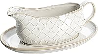 Getstar Ceramic Gravy Boat with Saucer - 14oz Embossed Checks Design, Microwave & Dishwasher Safe for Thanksgiving Cranberry Sauce