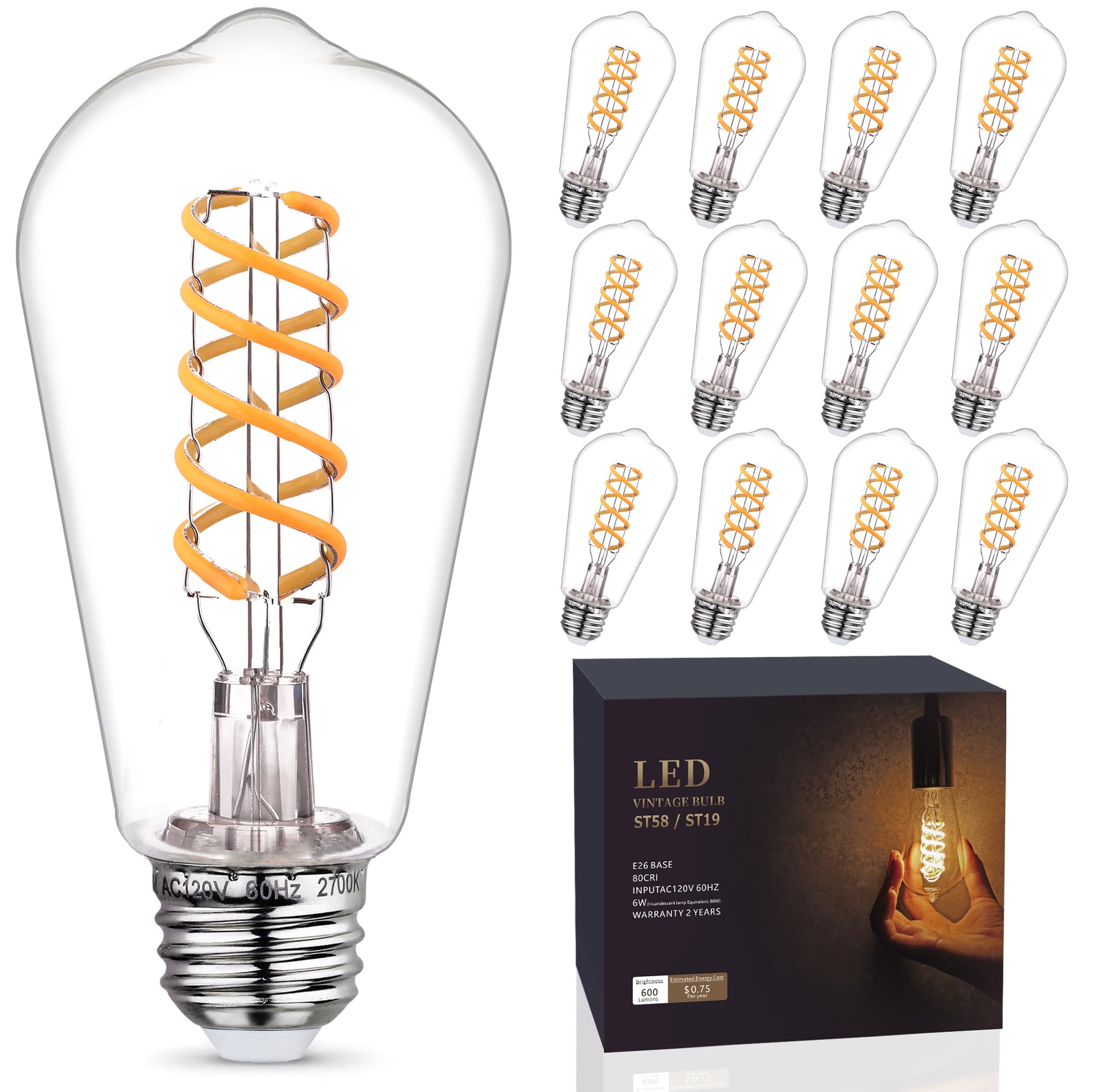 12 sztuk żarówek Edison odpowiednik 60 W, ściemniane żarówki LED vintage, średnia podstawa E26, ciepła biel 2700 K, 6 W, 600 lm, 80 + CRI, antyczna dekoracyjna żarówka LED, Shtterfroof Clear