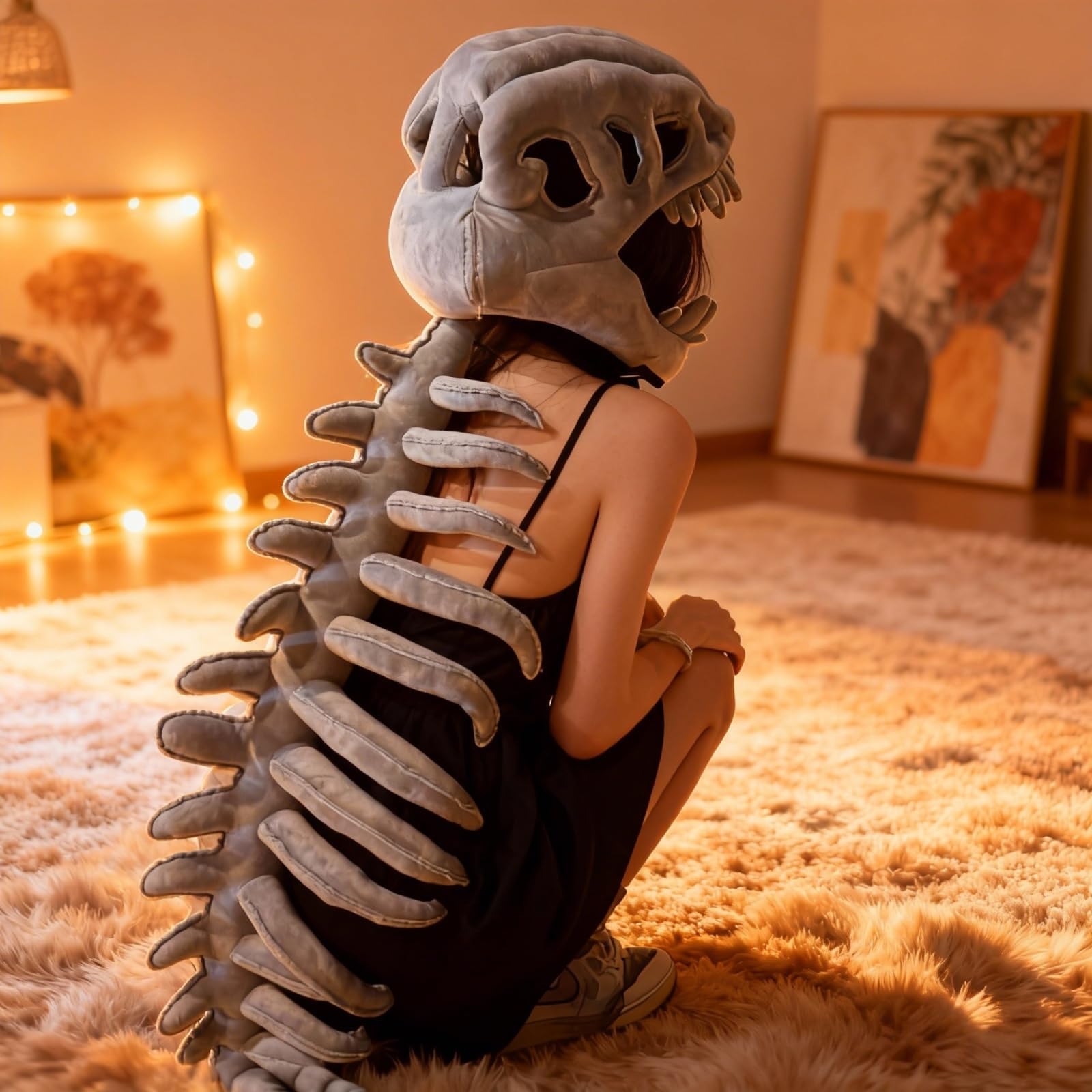 Silly Dino Plush Skeleton Dinosaur Skeleton Costume with 3D Spinosaurus Skull Mask for Dress-Up Party Fun — view 3