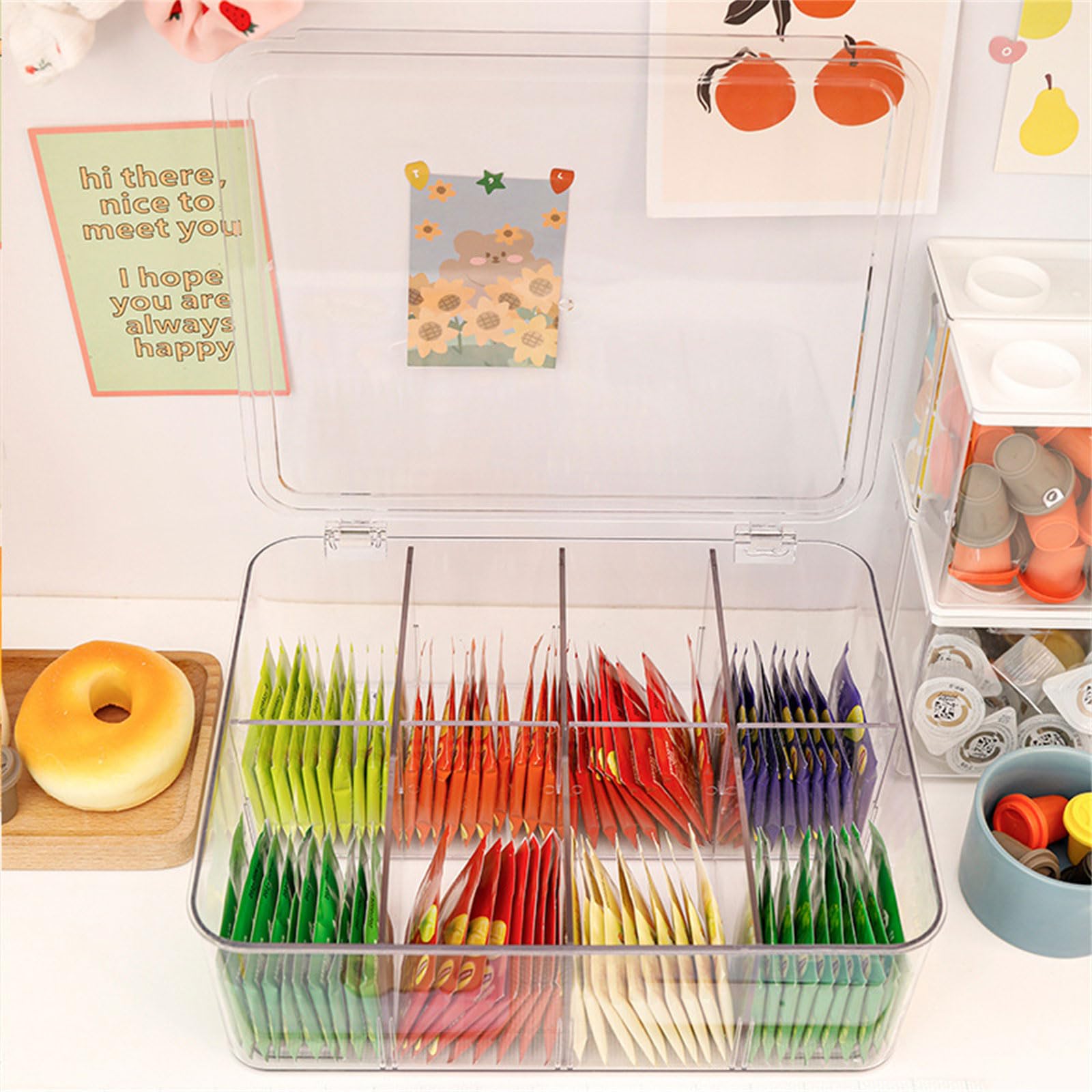 Organizador de bolsas de té acrílico con tapa para cajón, caja de almacenamiento de café transparente con múltiples compartimentos, soporte para aperitivos