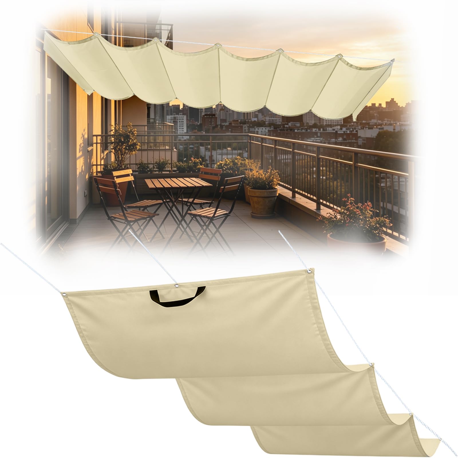 Wellenmarkise 1 x 6 m Nach Maß, Sonnenschutz, Wasserdicht, 98% Uv-Schutz & Reißfest, Verstellbares Sonnensegel mit Zugseil & Ösen für Garten Terrasse, Creme Farben
