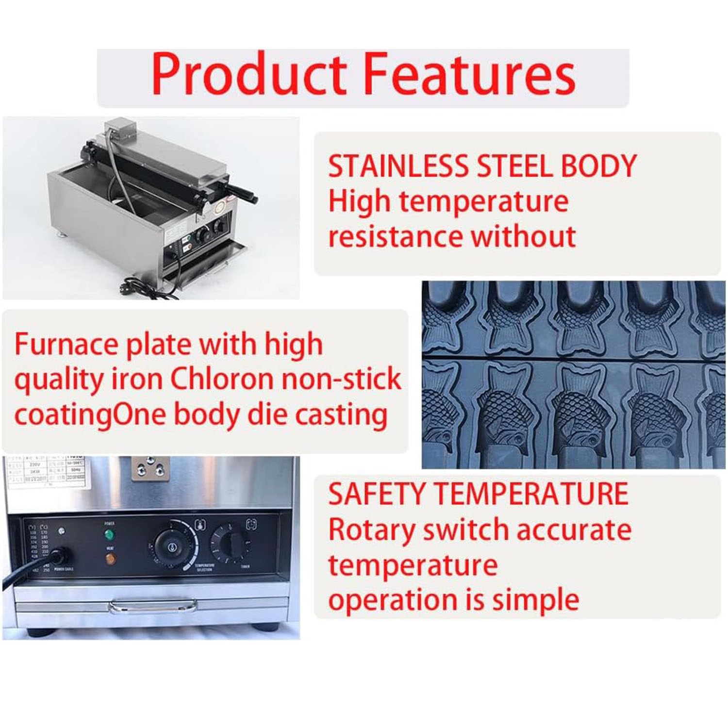 Máquina Hacer Gofres Forma Pez, Máquina Hacer Gofres Taiyaki, Máquina Hacer Gofres Forma Pez Taiyaki 5200 W Máquina Hacer Gofres Con Helado Comercial, Ajustable 50 A 300 ℃/122 A 572 ℉