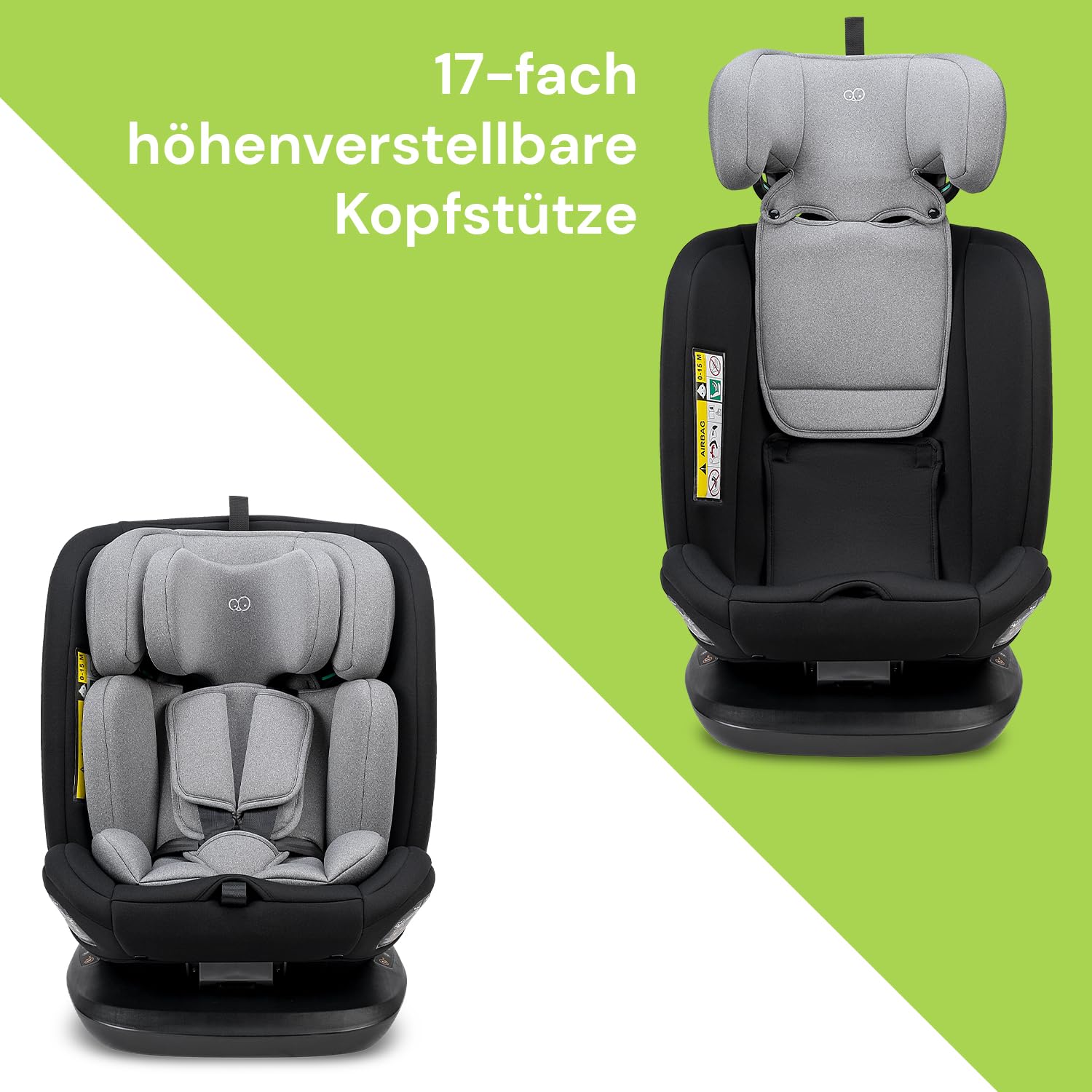 Booboo Safety Lissabon – Der flexible 360° drehbare Kindersitz (40-150 cm), sicher & mitwachsend, Reboard bis 4 Jahre, Isofix & Top-Tether, extra Komfort – Black Grey