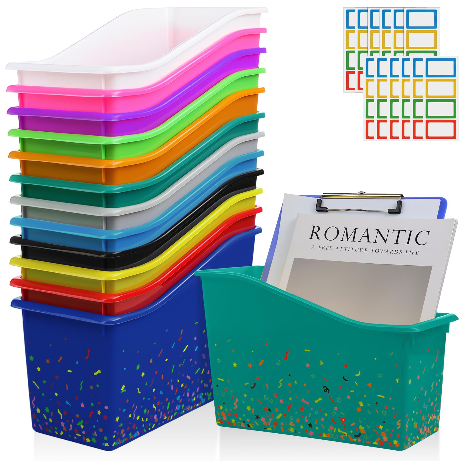jinei 24 pack multicolor book bins for classroom bulk confetti book and binder holders with name labels assorted color plastic classroom organization basket box teacher storage bins for home office