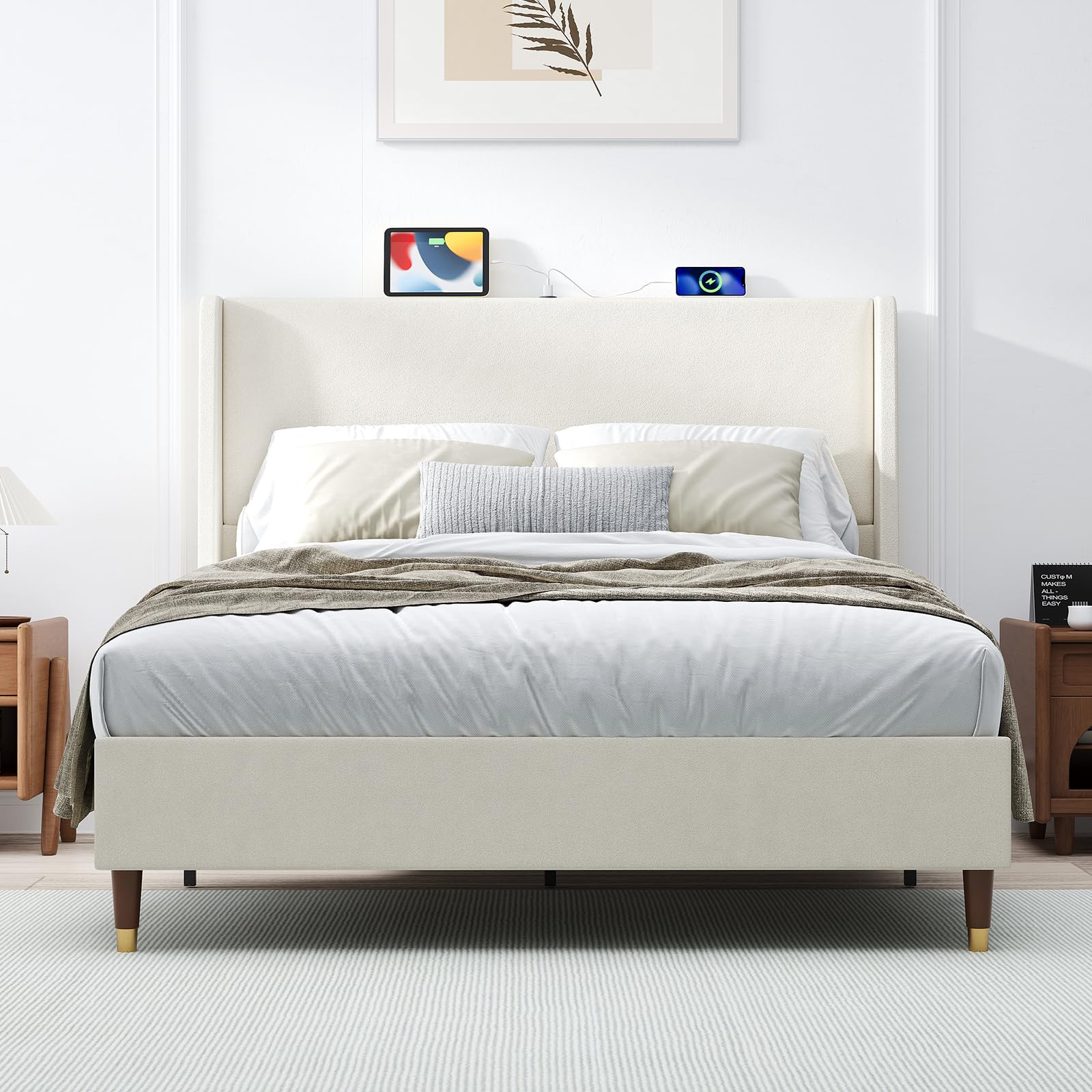 malol queen size bed frame with upholstered headboard, linen fabric platform bed frame with usb charging ports, no box spring needed, sturdy metal support, noise free, modern bedroom furniture,beige