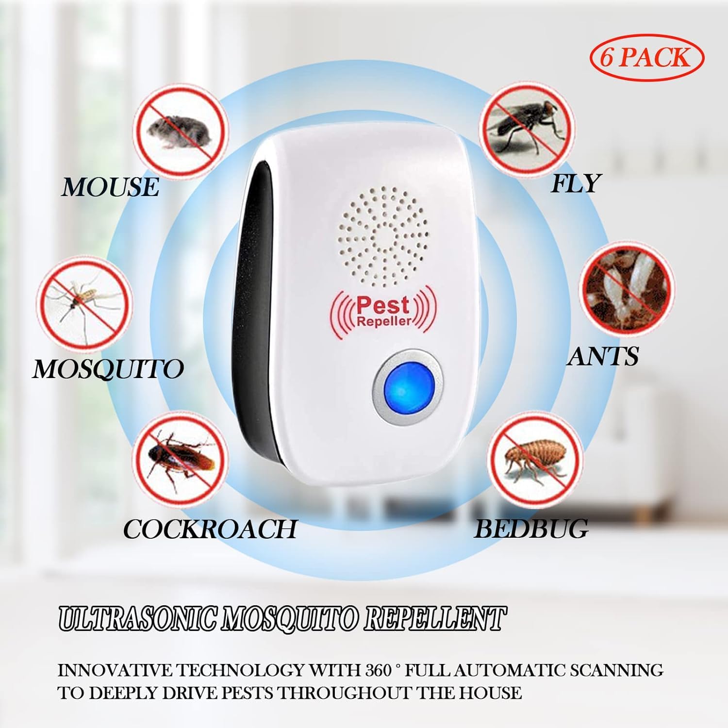 Repelente Ultrasónico Mosquitos, 6 Pack Electrónico Repelente Mosquitos Control de Plagas, Repelente Ultrasónico de Plagas para Anti Mosquito, Moscas, Ratones, Cucarachas, Arañas, Roedores — view 2