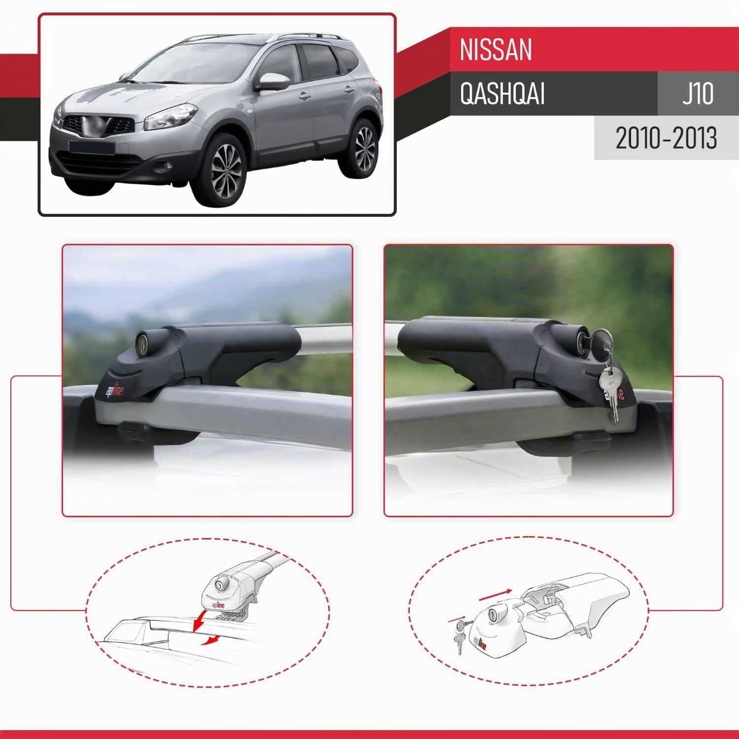 Compatible con Nissan Qashqai (J10) Post-Facelift 2010-2013 Modelo Ace-1 Barra de Techo Auto Portaequipajes Barras Transversales Gris Aluminio 2 Barras