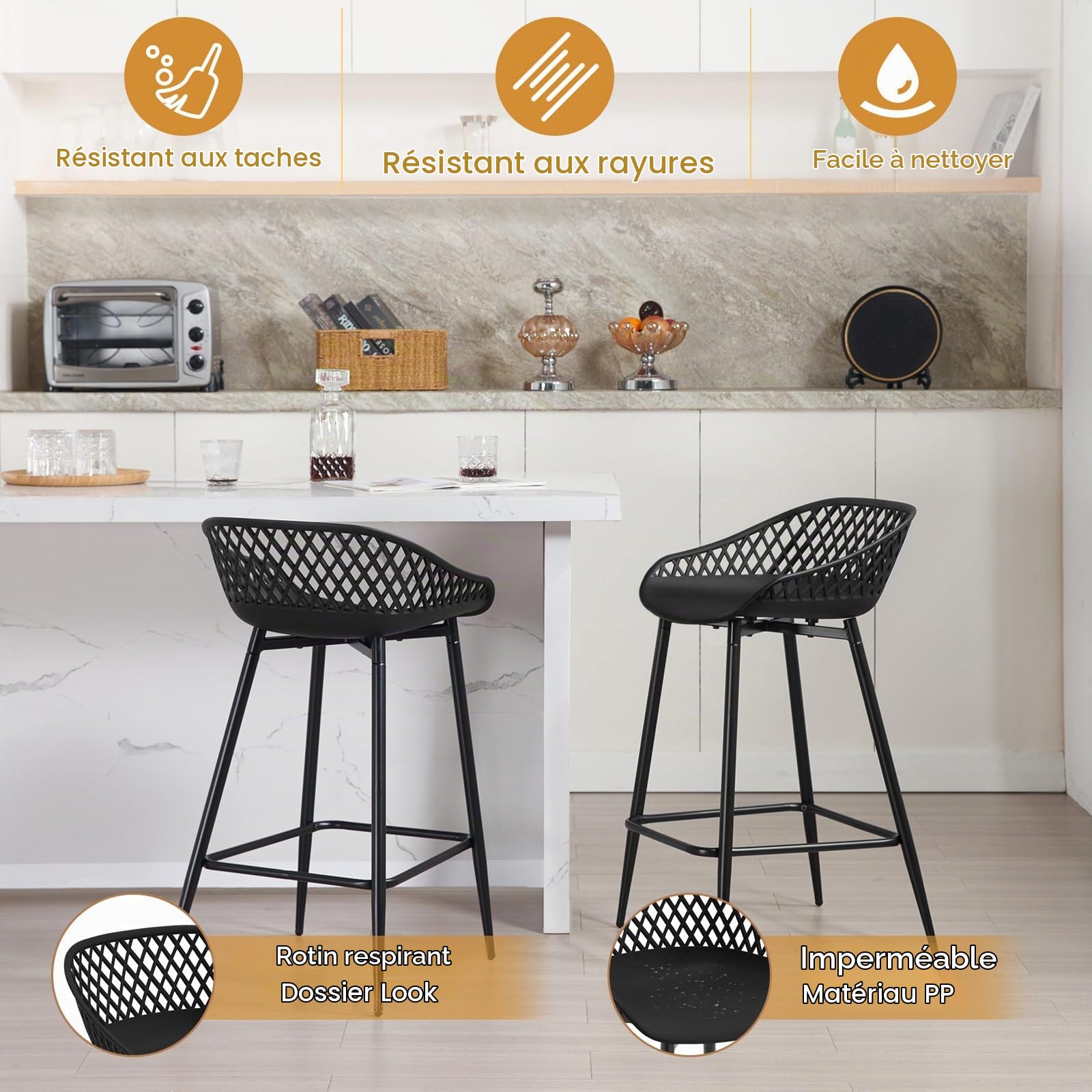 WOLTU Tabouret de Bar Lot de 2, avec Dossier, Siège Plastique, Noir