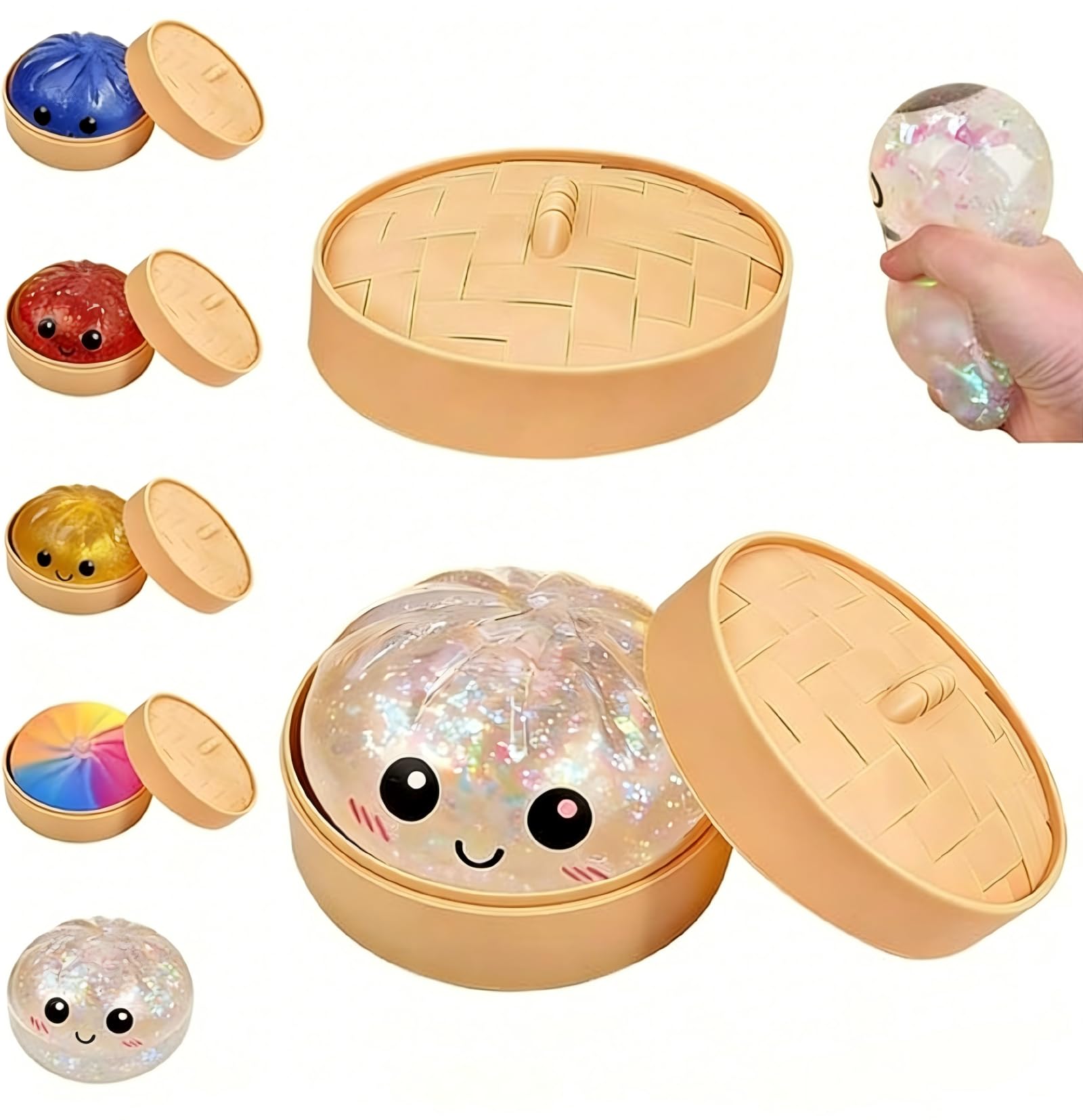 JOJOHOMY Dumpling Squishies, Glitter Dumpling Toy, Colorful Dumplings Stress Relife Toy, Stuffers with Food Steamer Desk Toys (1 Pack Transparent) â image 1