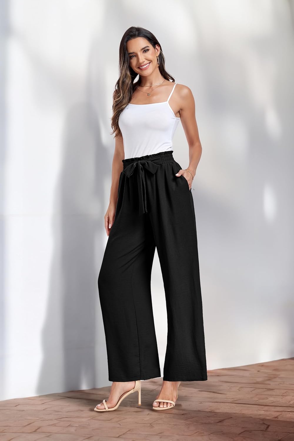 Womens Wide Leg Pants High Waist Flowy Adjustable Knot Loose Trousers Casuals Lounge Business Pants with Pockets - Image 3