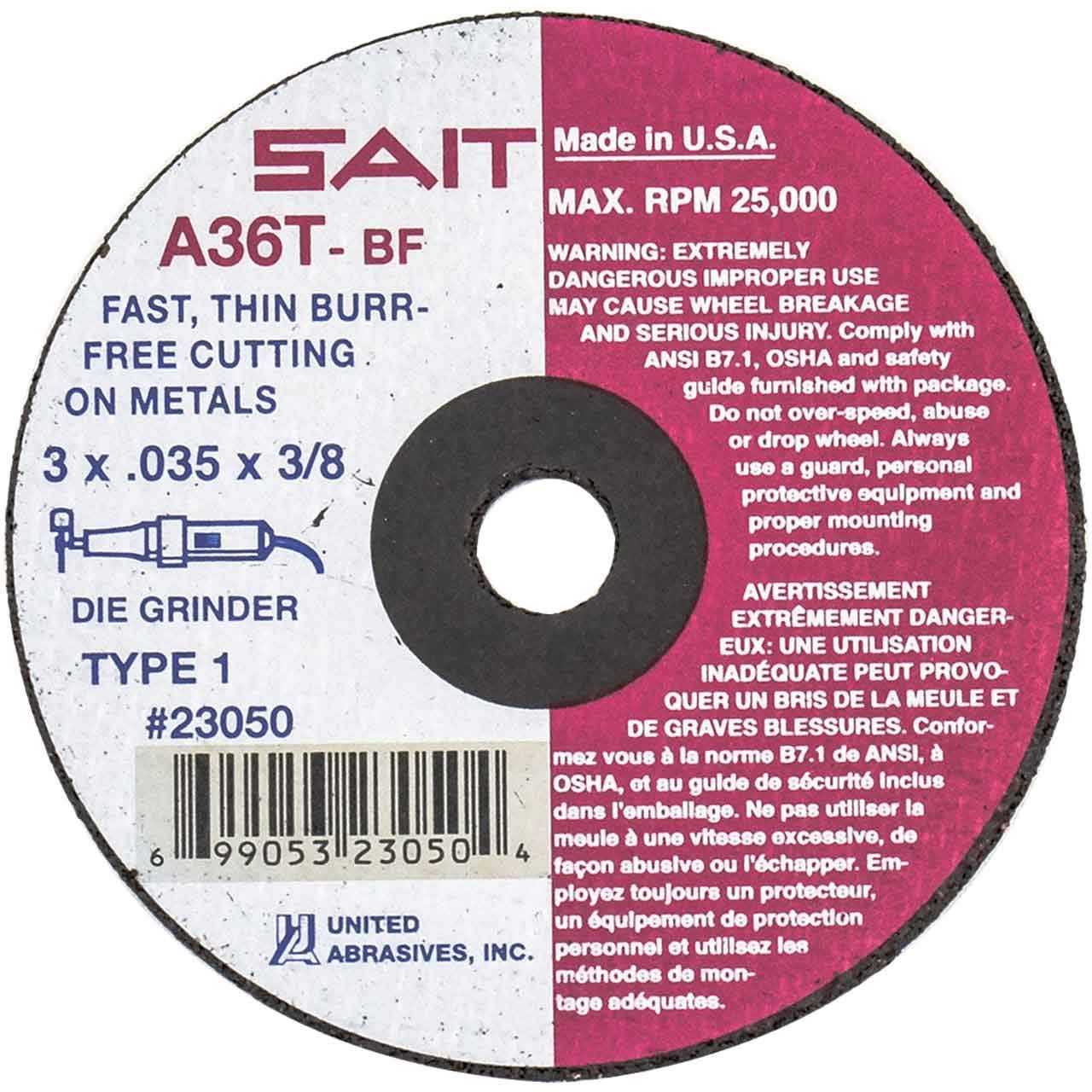 UNITED ABRASIVES-SAIT 23050 Abrsv Cut Whl, 7.6cm D, 0.09cm T, 1cm AH