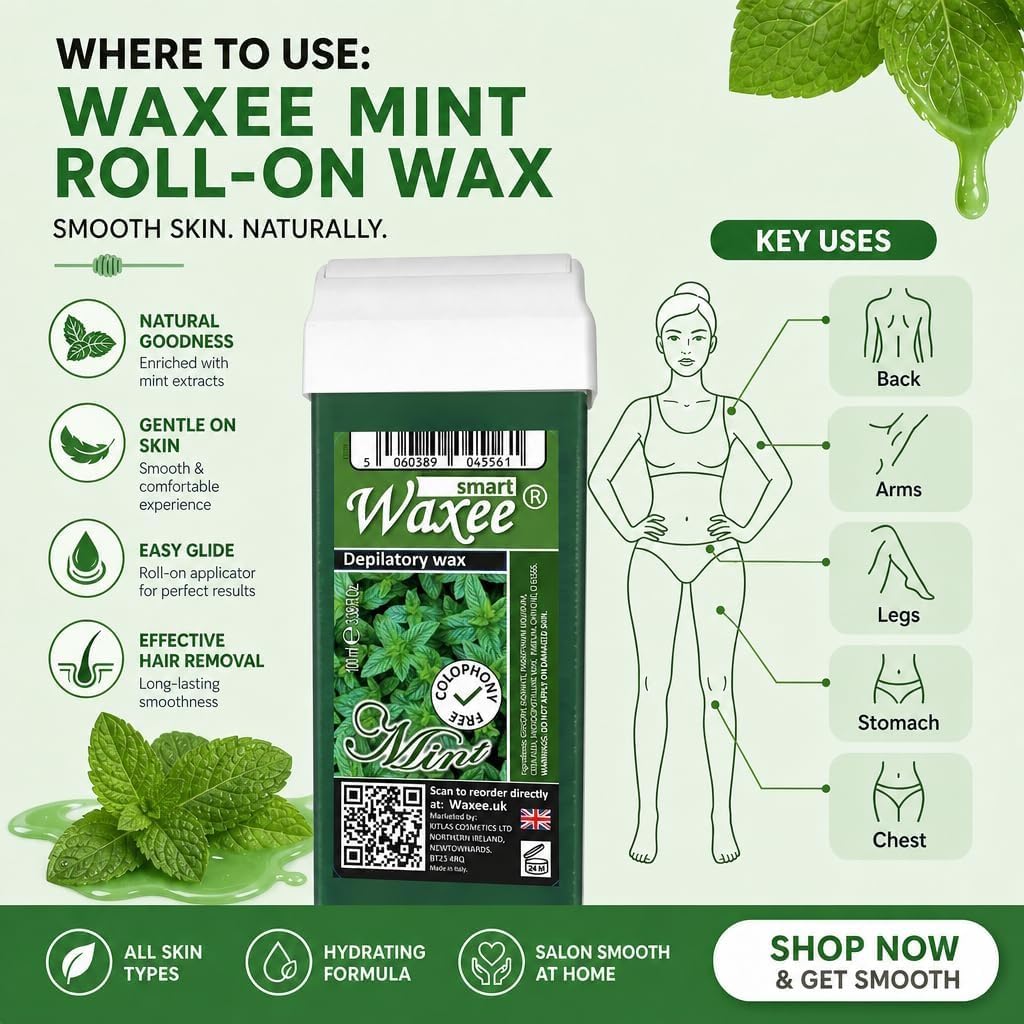 3 x 100 ml rotolo su cartuccia di cera e 50 strisce ceretta Waxee (rullo largo (gambe e corpo), verde)