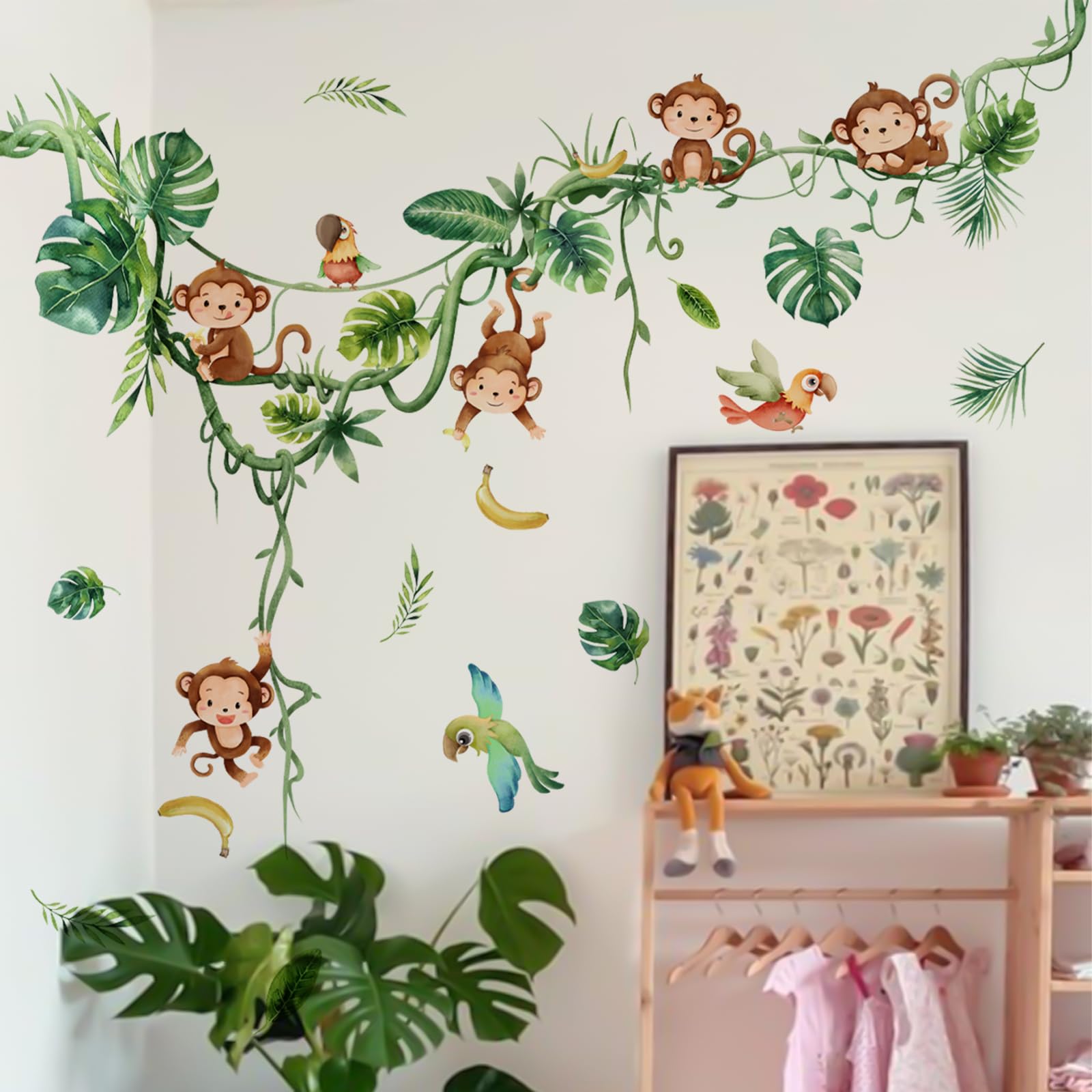 Stickers muraux motif singe et feuilles de palmier vertes au design aquarelle pour chambre