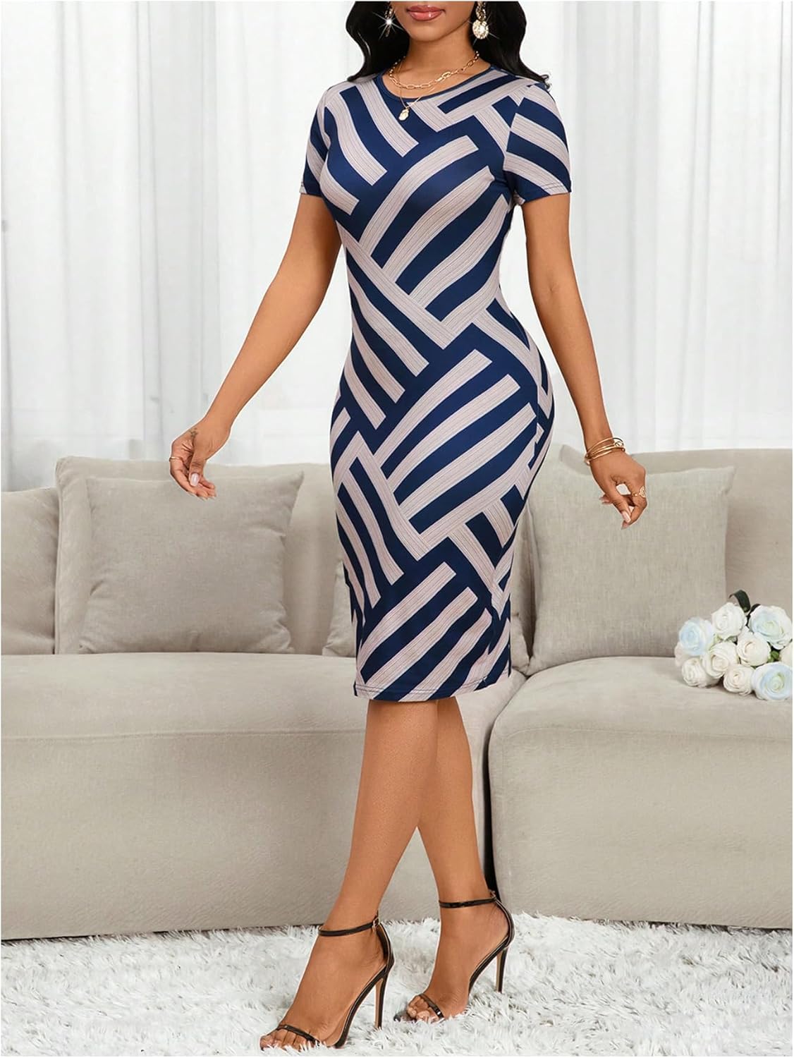 Milumia Women's Geo Print Short Sleeve Bodycon Midi Dress Round Neck Pencil Dresses - Image 5