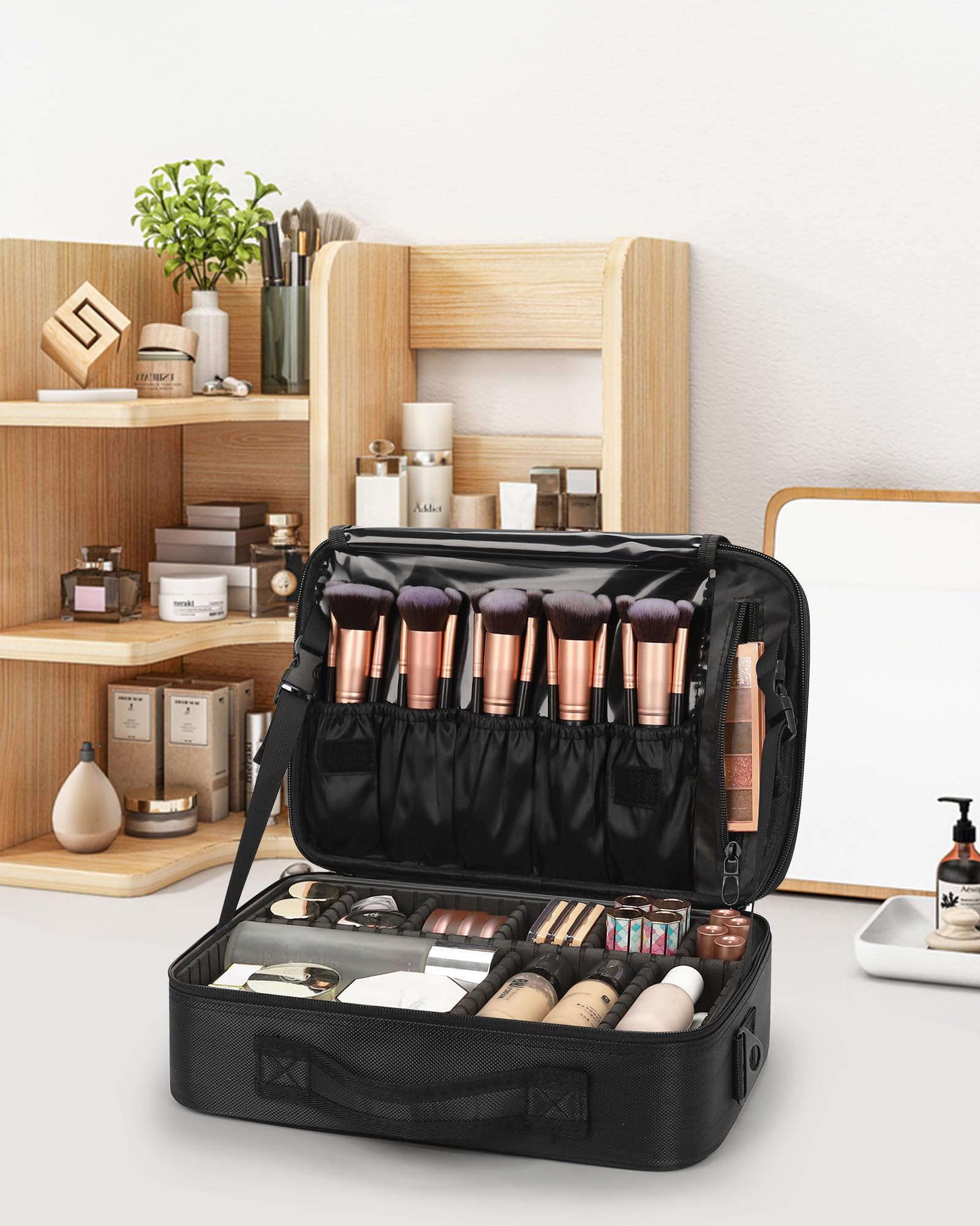 Reise-Make-up-Koffer, Make-up-Kosmetik-Organizer, tragbare Künstleraufbewahrungstasche mit verstellbaren Trennwänden für Kosmetik, Make-up, Pinsel, Toilettenartikel (schwarze Farbe Medium)