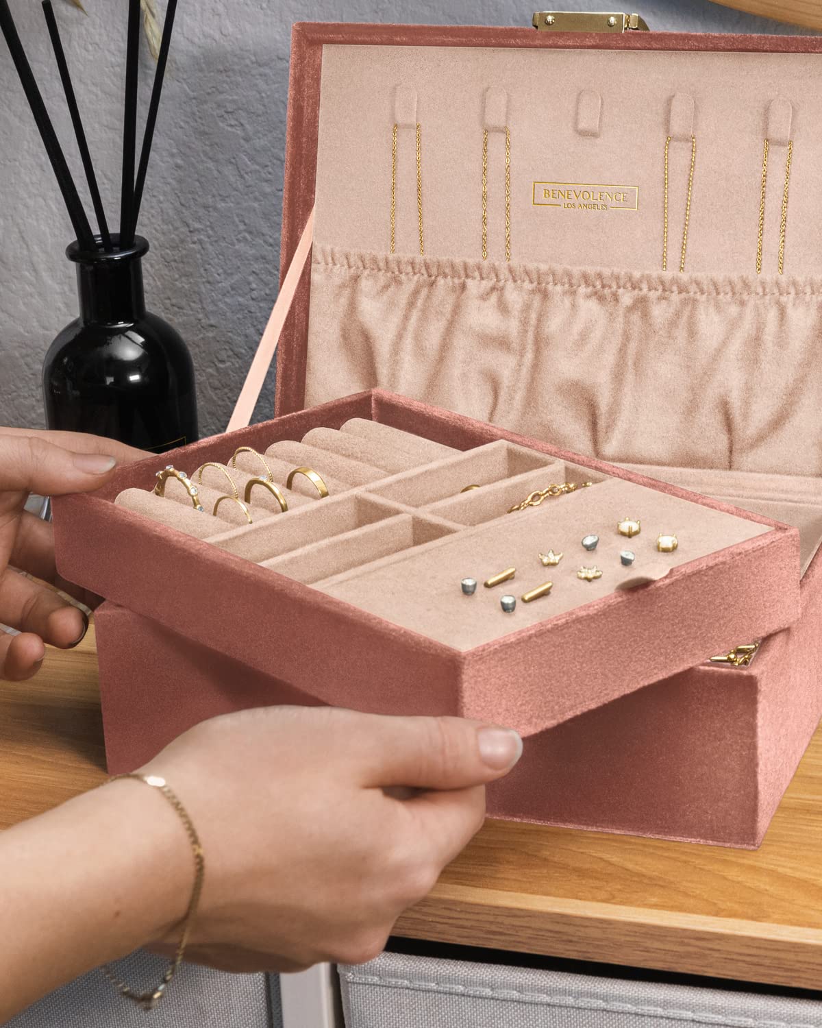 Benevolence LA 2 Layer Jewelry Box for Women, Large Velvet Jewelry Organizer with Decorative Lock, Removable Jewelry Tray, Earrings, Bracelets, Rings and Necklace Storage Box - Emerald: Benevolence LA Large Jewelry Storage Box | Velvet Boxes for Women | Earring, Bracelets, Rings, Necklace Organizer | 2 Layer Case for Women's Accessories - Dusty Pink