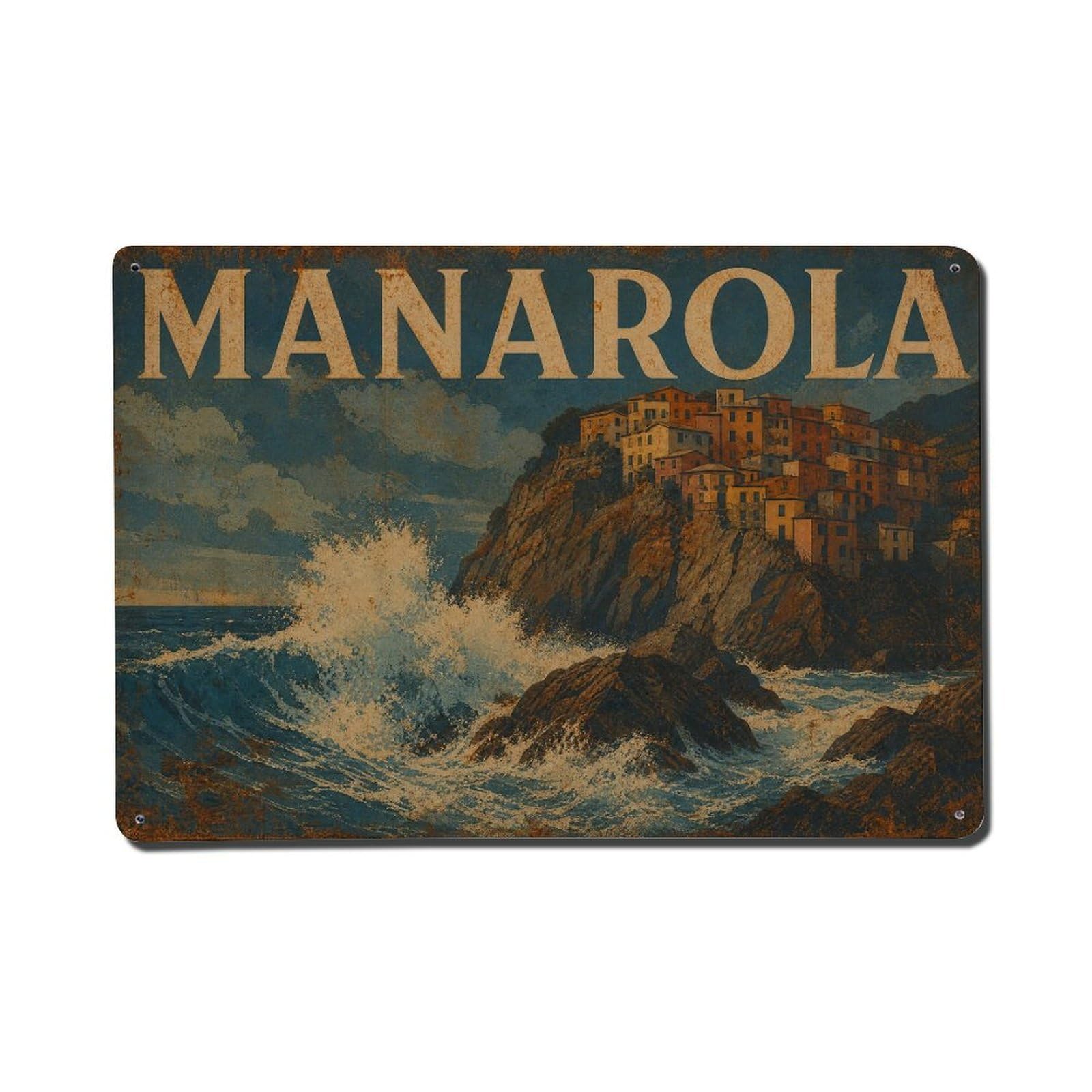 Vintage Travel Manarola Waves Crashing Rocks Coastal Italy Metal Tin Sign