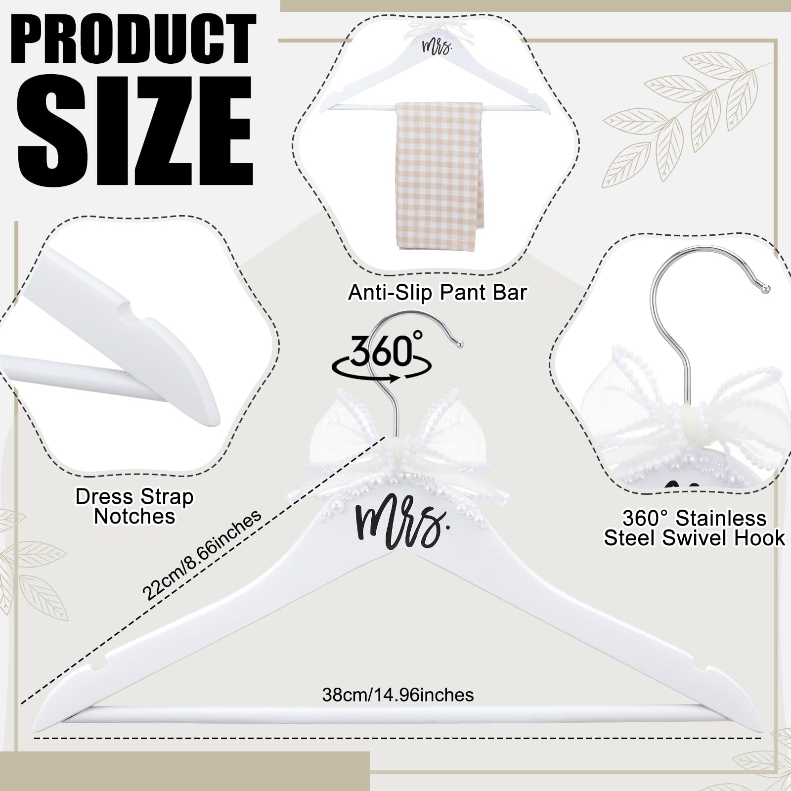 Yuntau Bride Wedding Dress Pearl Mrs. Hanger with Pearl Ribbon Bow Elegant Wooden Dress Hanger to Be Ideal Keepsake for Wedding Day Gift(White,Mrs)