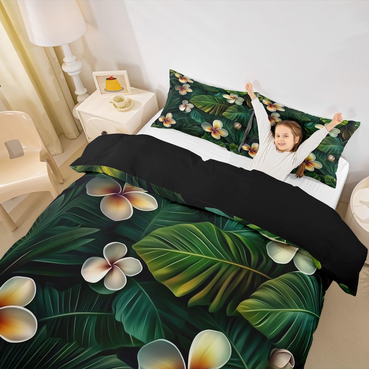 jejeloiu Tropical Plants Leaves Bedding Set Toddler Size Palm Leaf Flower Hawaiian Duvet Cover for Boys Girls Palm Leaf Comforter Cover Soft,No Comforter