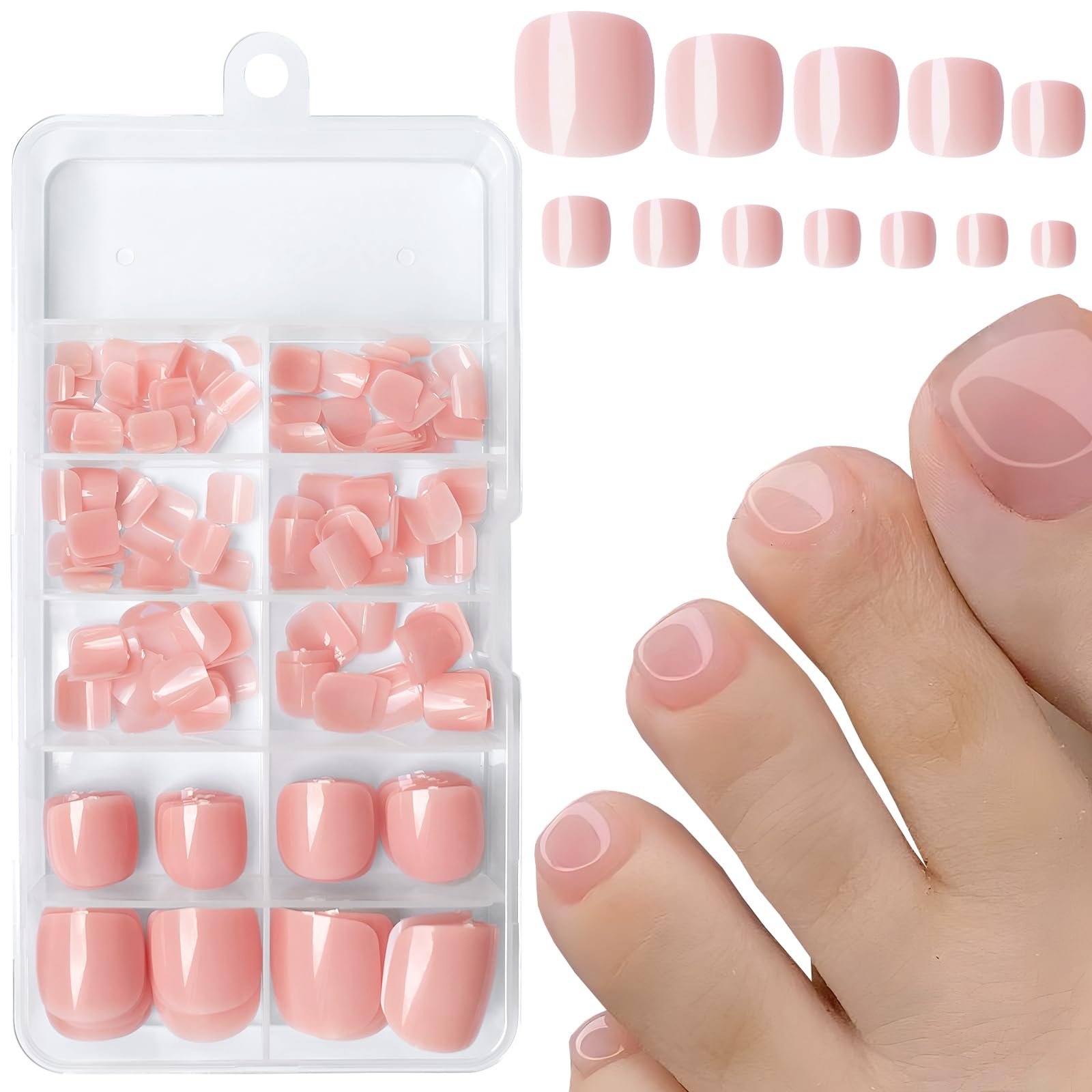 LuckForever Short Press on Nails 240pc Glossy Nude Skin Press on Nails Short Square Fake Toenails Full Cover 10 Nail Adhesive Tabs, Small Wooden