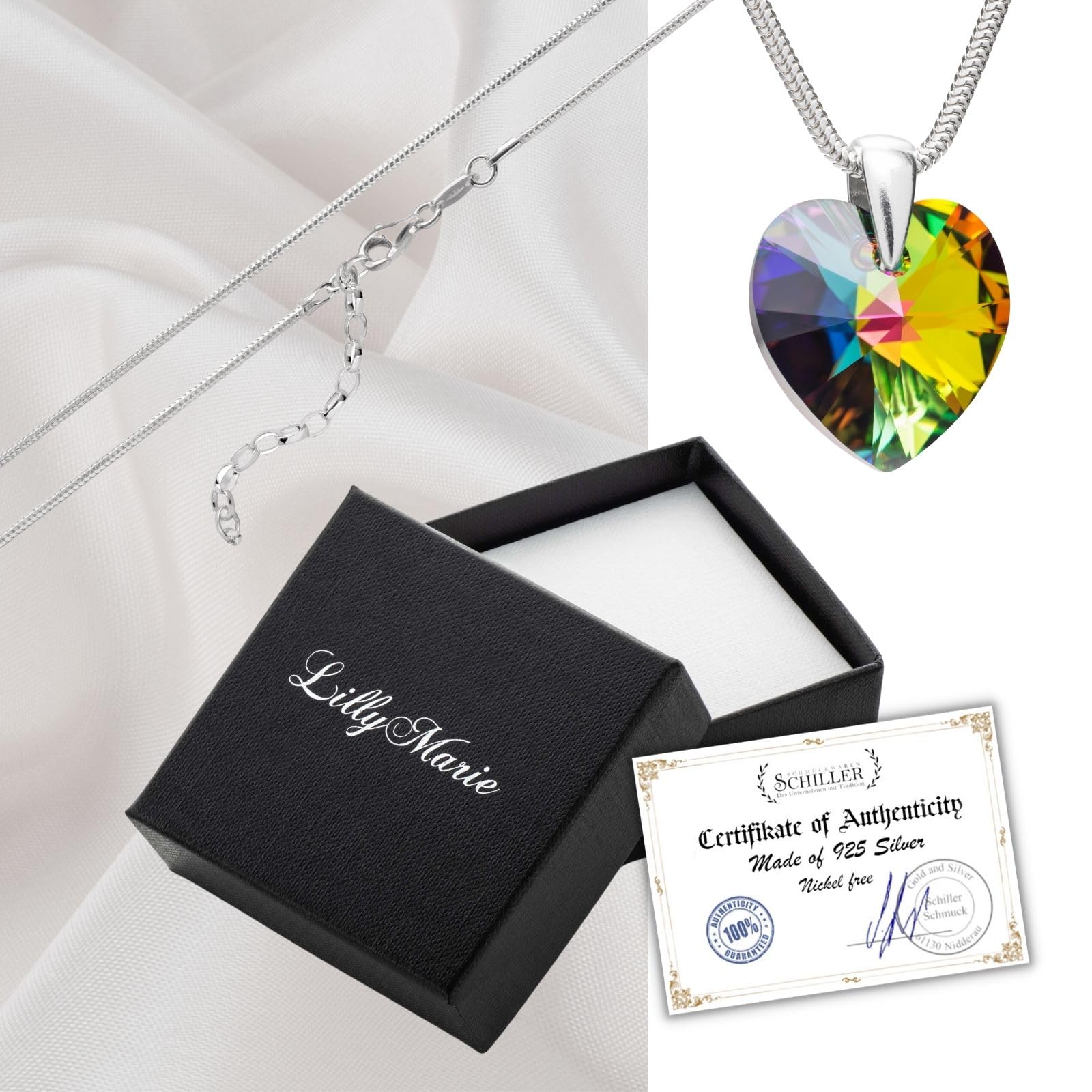 LILLY MARIE Collar De Dama Hecho A Mano Con Colgante De Corazón Y Cadena Ajustable De Plata Pura 925