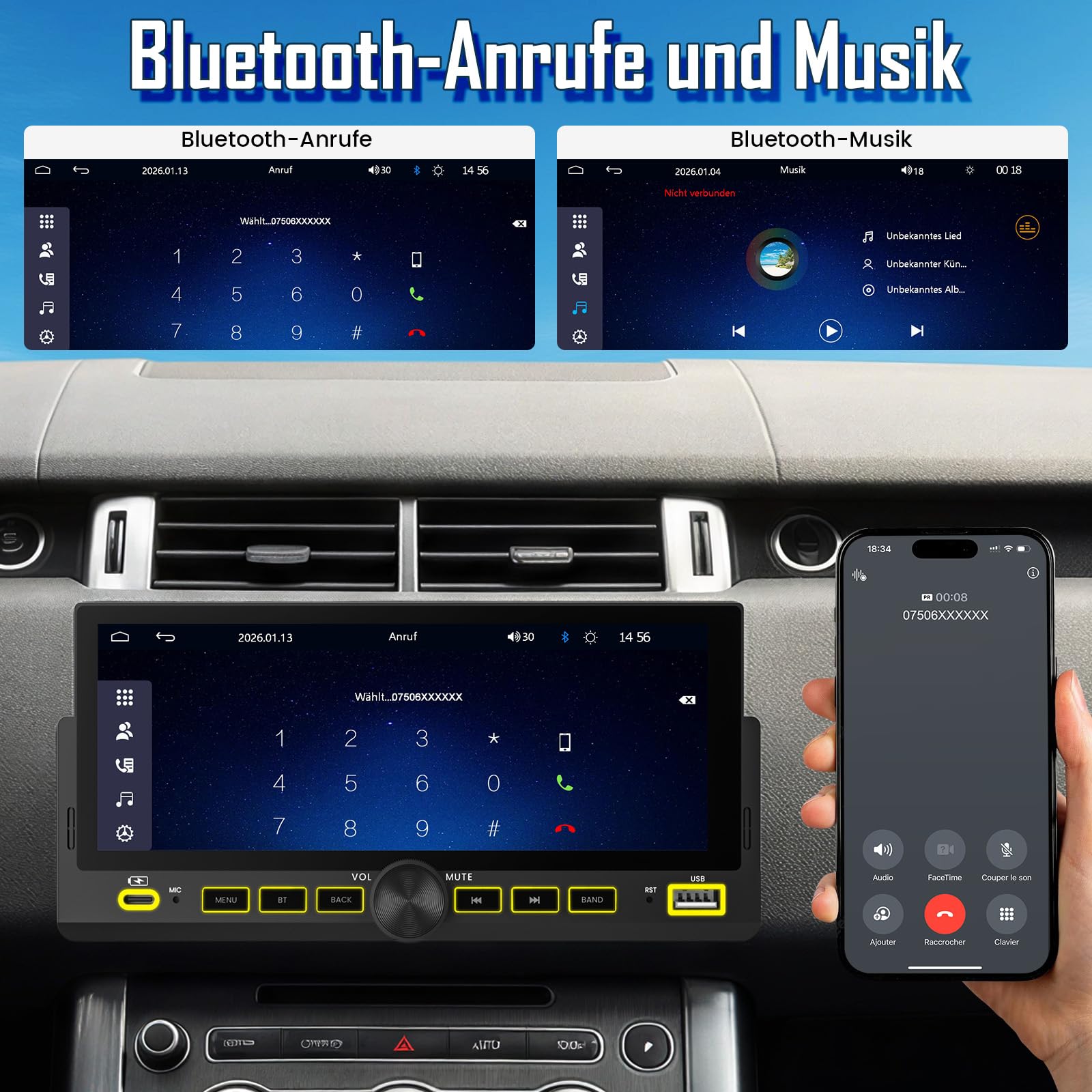 Autoradio 1 DIN mit Wireless CarPlay & Android Auto, Bluetooth Freisprecheinrichtung, FM Radio, Bildschirm, Lenkradsteuerung, MirrorLink, Aux-Eingang, Equalizer (6,86 Zoll mit Rückfahrkamera)
