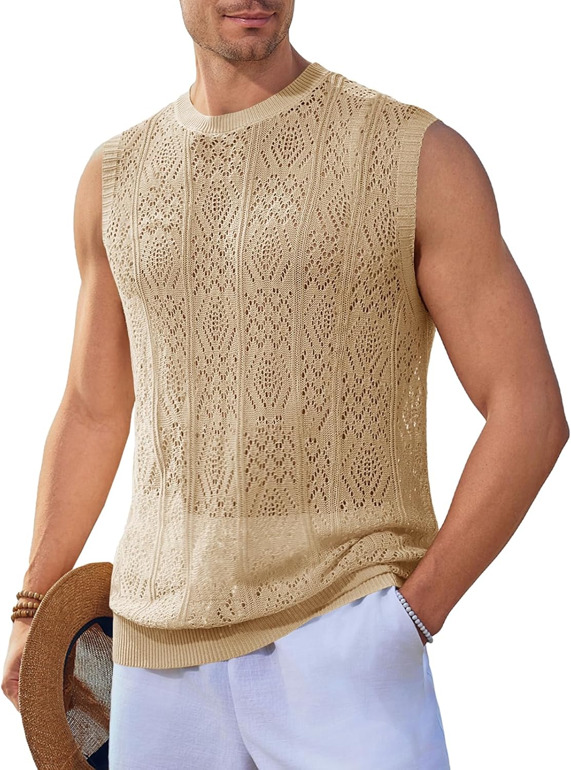Men's Round Neck Hollow Out Sleeveless Knit Top main image 1