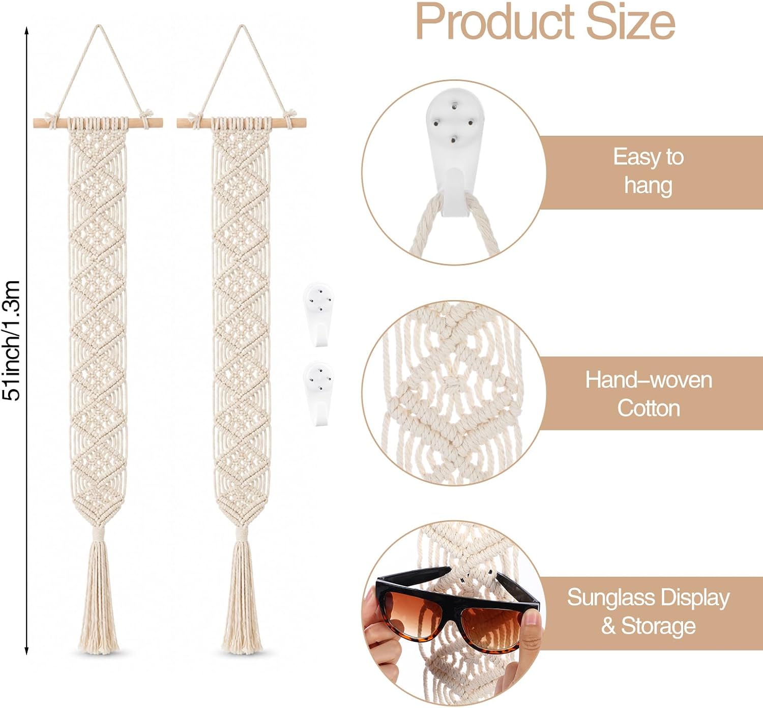 2 Pack Macrame Sunglass Holder Wall Organizer Beige